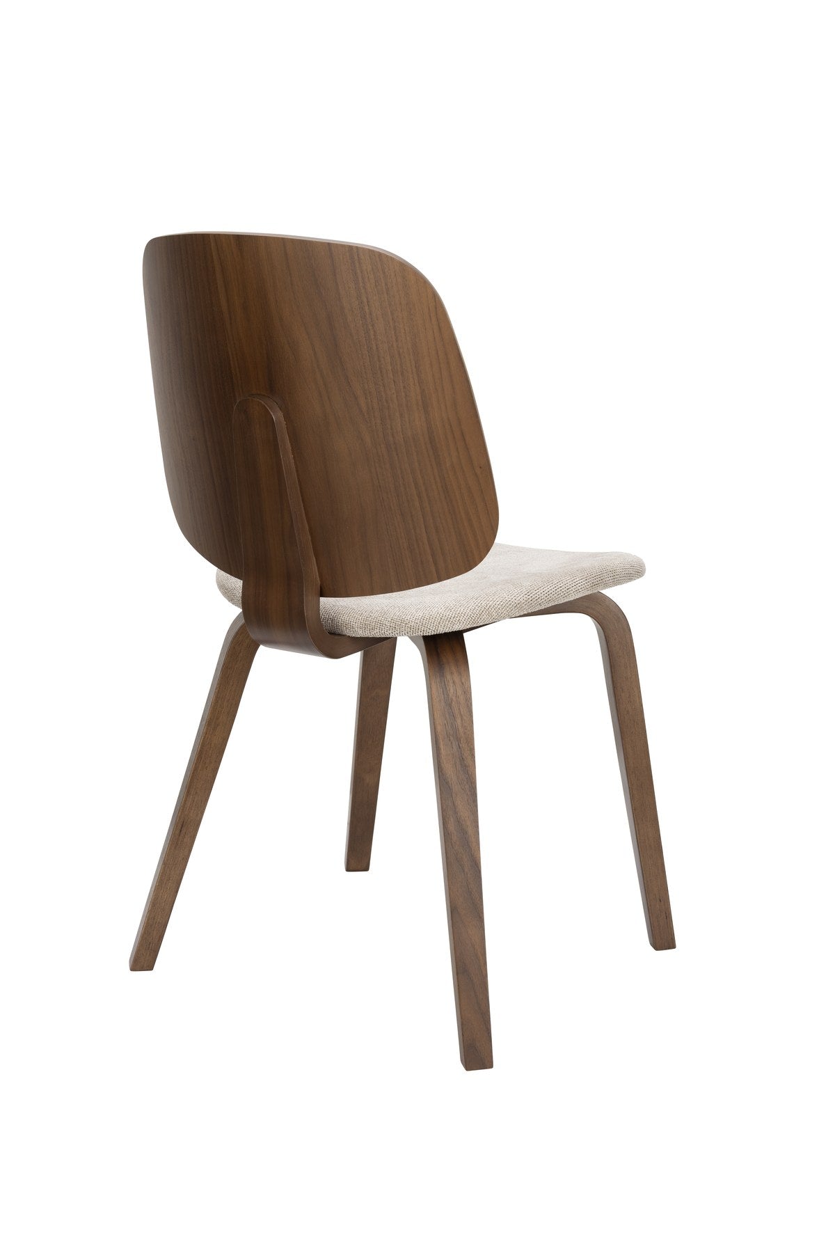 Foto eines beigen Stuhls mit gepolsterter Sitzfläche aus Polyester, Schaumstofffüllung und Beinen aus gebogenem Holz.