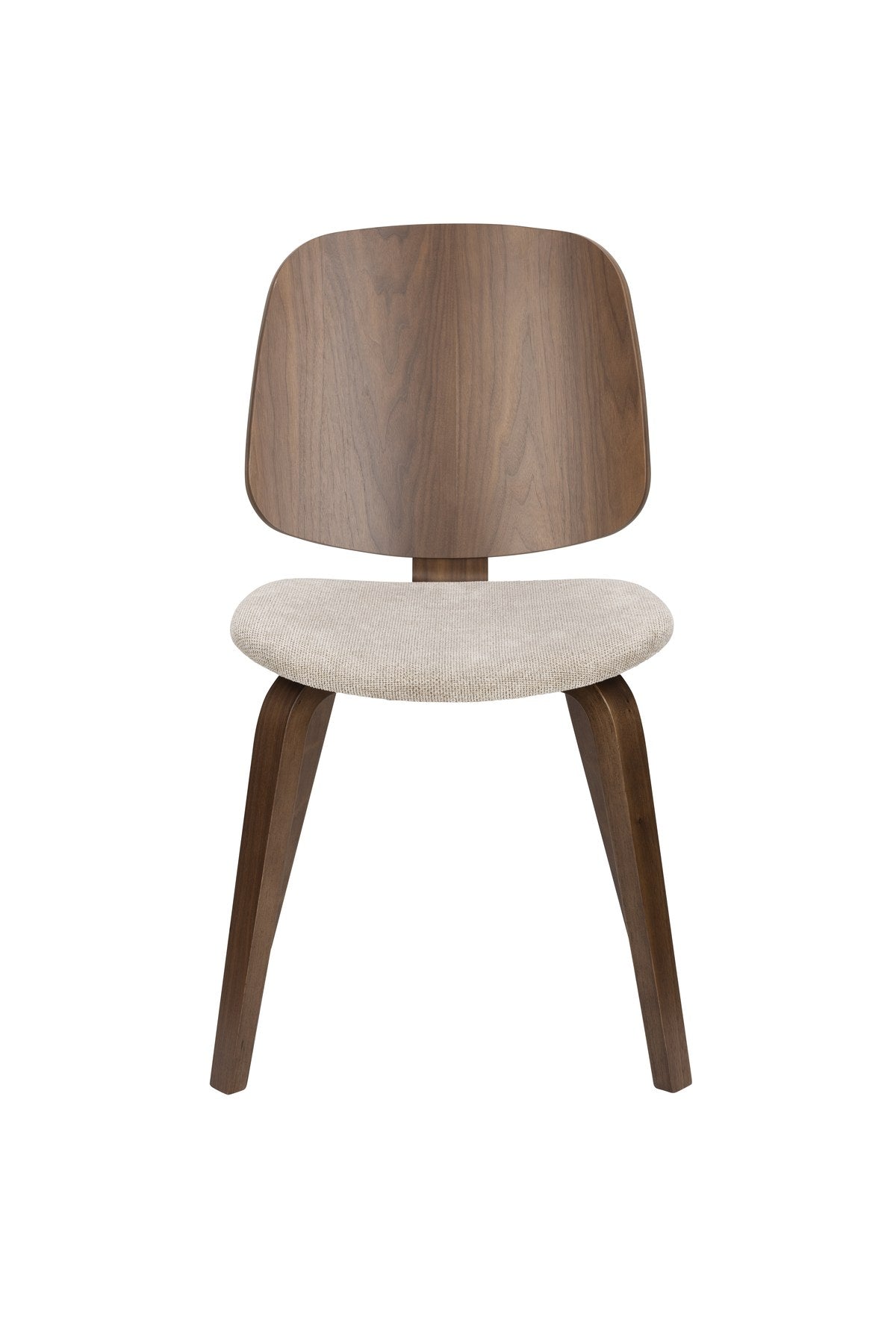 Foto eines beigen Stuhls mit gepolsterter Sitzfläche aus Polyester, Schaumstofffüllung und Beinen aus gebogenem Holz.