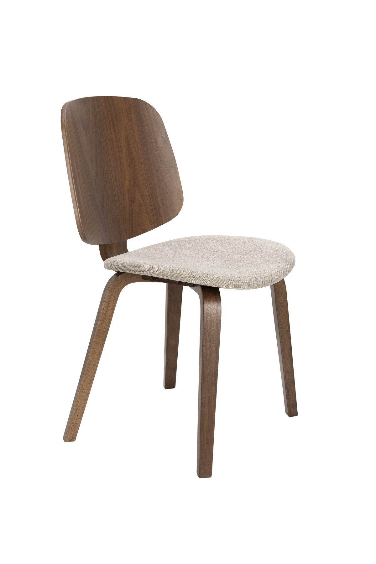 Foto eines beigen Stuhls mit gepolsterter Sitzfläche aus Polyester, Schaumstofffüllung und Beinen aus gebogenem Holz.