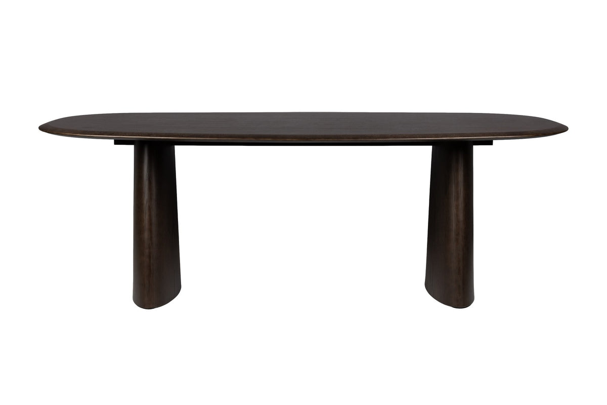 Esstisch Mandy von White Label Living mit ovaler Tischplatte aus Eschenfurnier, schwarzem Gestell und dunklem Walnussfarbton.