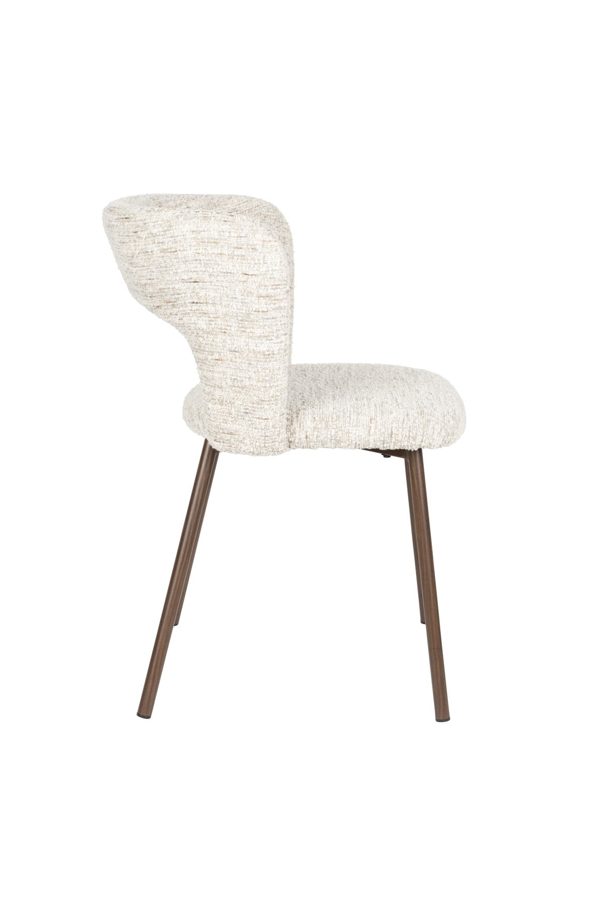 Stuhl Chelsea von White Label Living mit beigem, grob gewebtem Polsterbezug und schlankem Gestell mit bogenförmiger Rückenlehne.