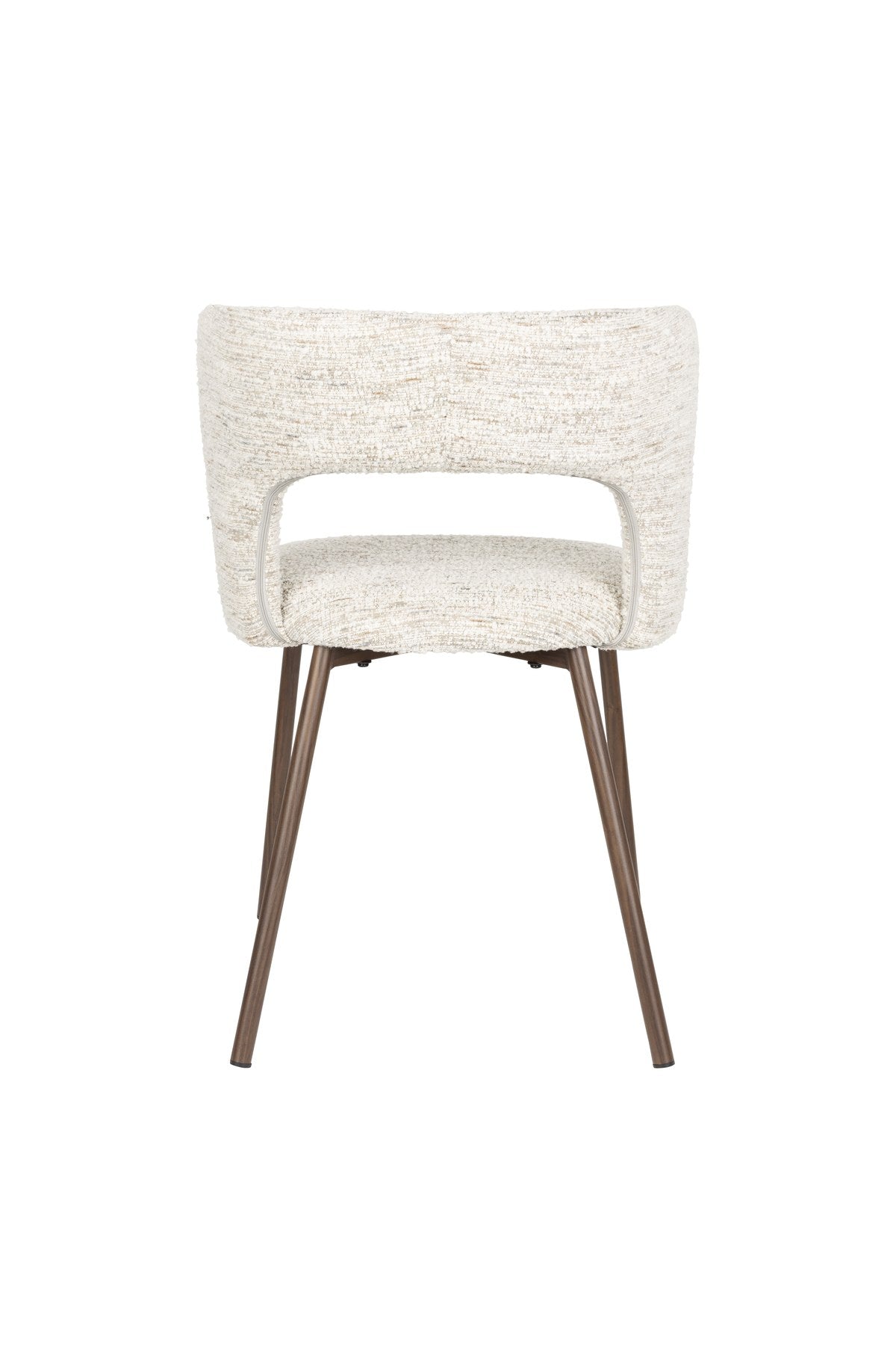 Stuhl Chelsea von White Label Living mit beigem, grob gewebtem Polsterbezug und schlankem Gestell mit bogenförmiger Rückenlehne.