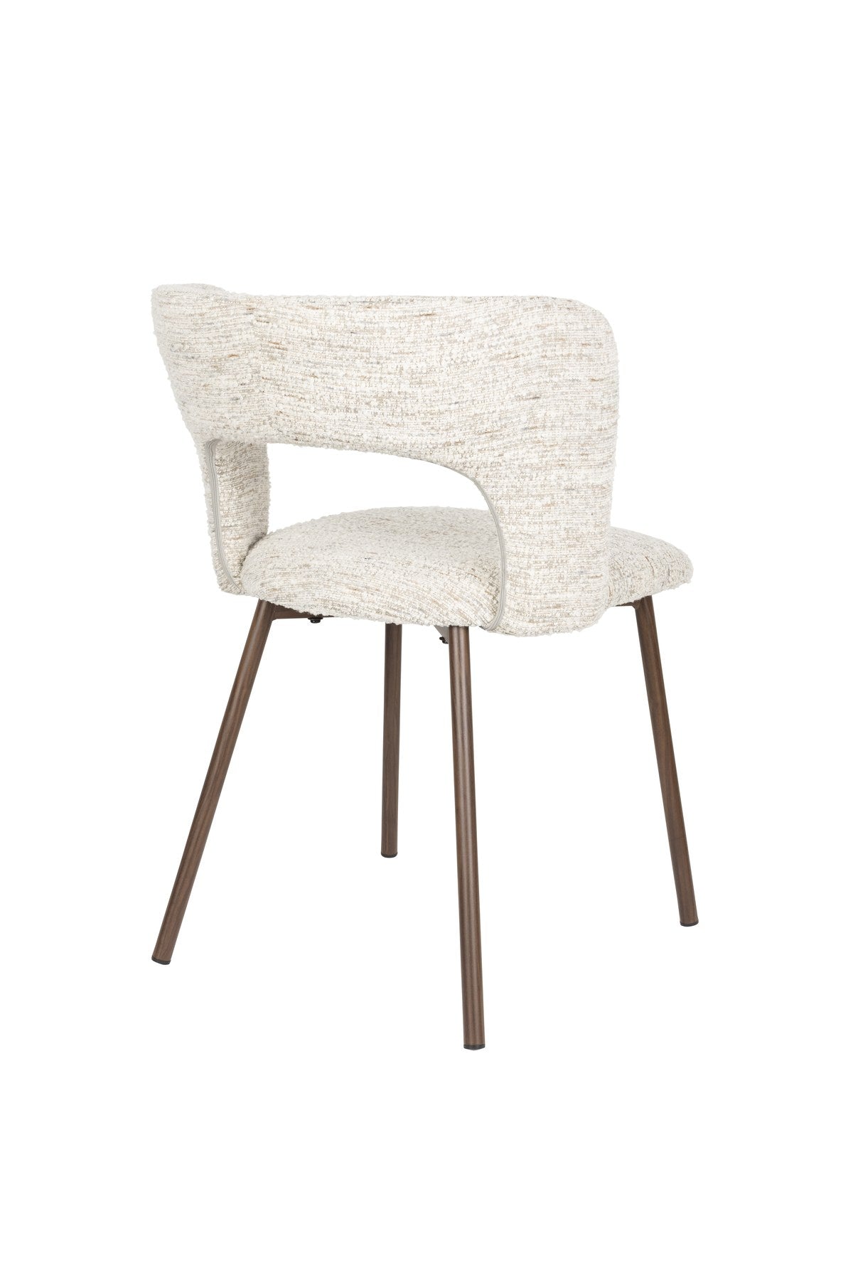 Stuhl Chelsea von White Label Living mit beigem, grob gewebtem Polsterbezug und schlankem Gestell mit bogenförmiger Rückenlehne.