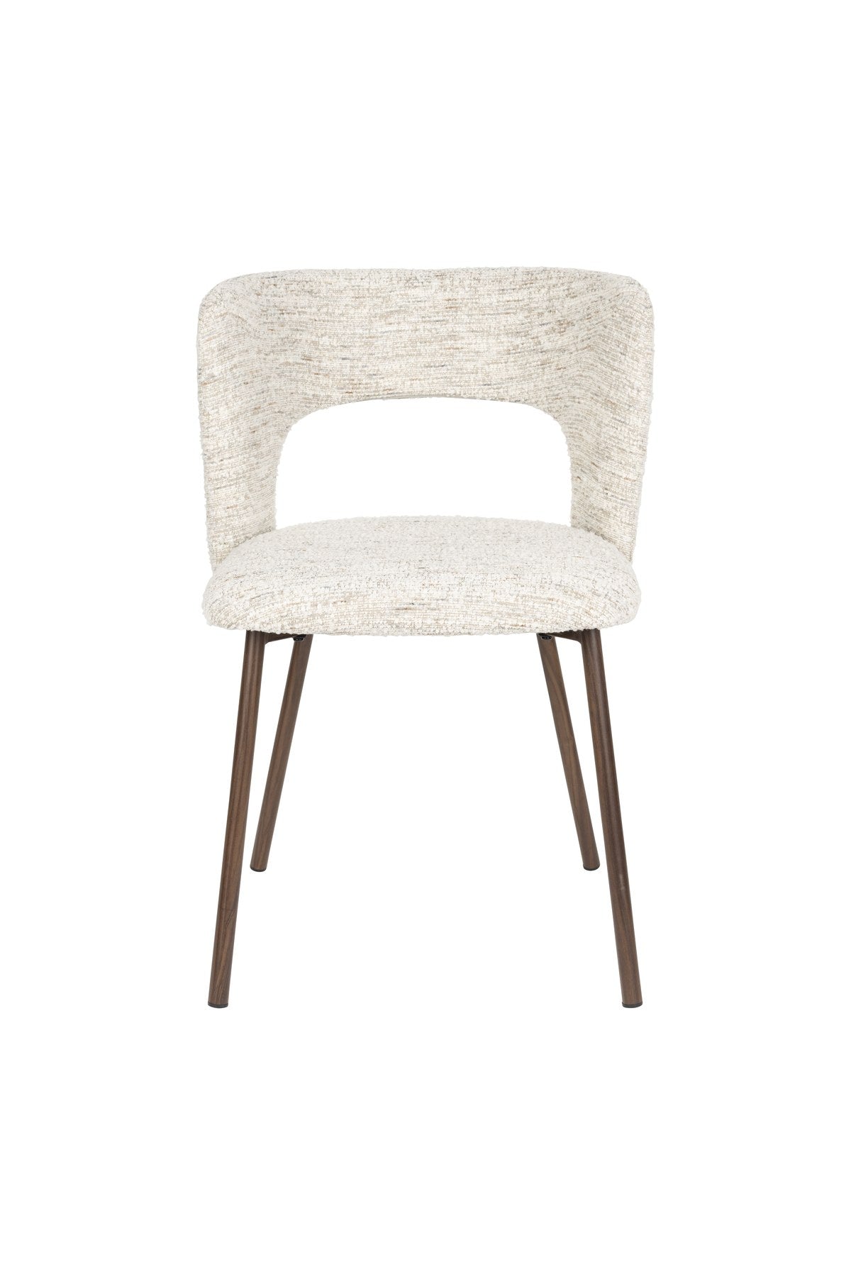 Stuhl Chelsea von White Label Living mit beigem, grob gewebtem Polsterbezug und schlankem Gestell mit bogenförmiger Rückenlehne.