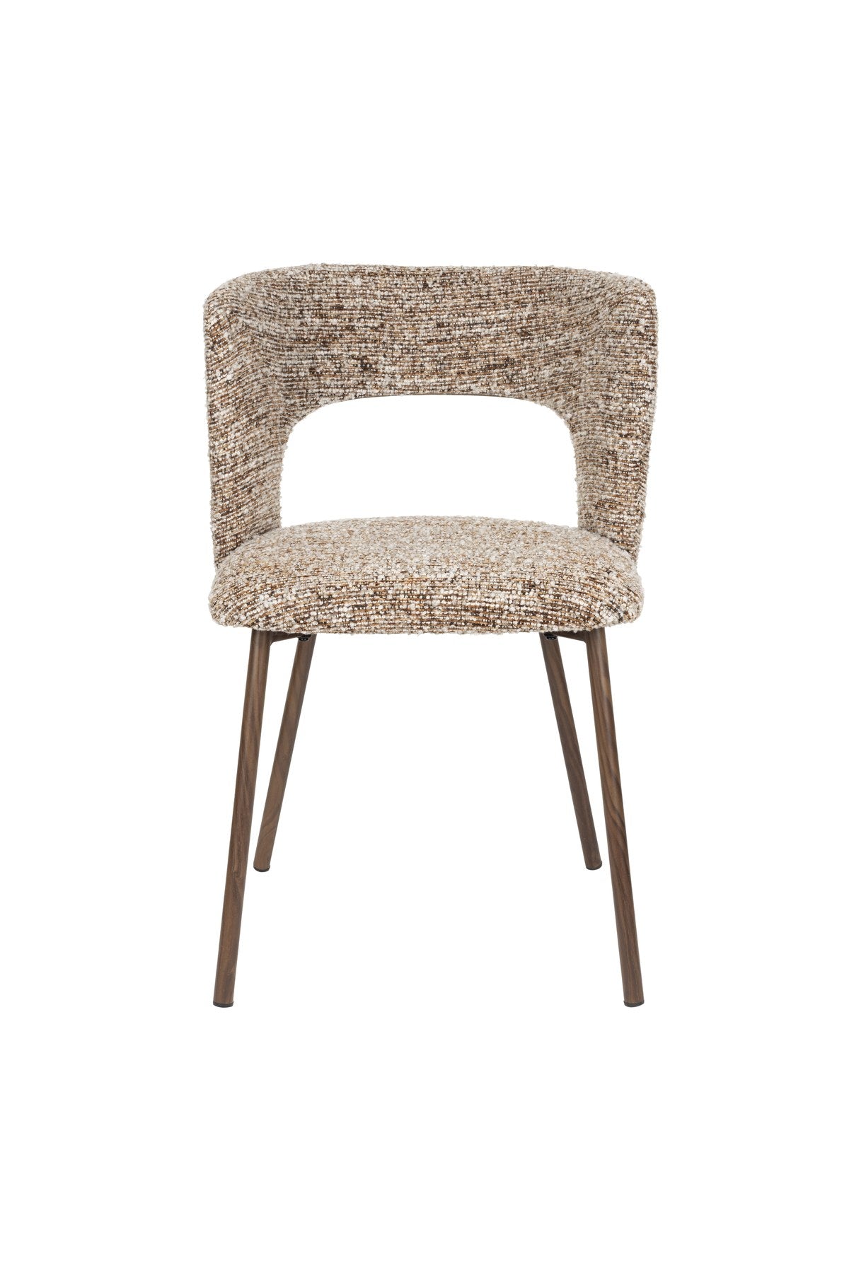 Stuhl Chelsea von White Label Living mit beigem, grob gewebtem Polsterbezug und schlankem Gestell mit bogenförmiger Rückenlehne.