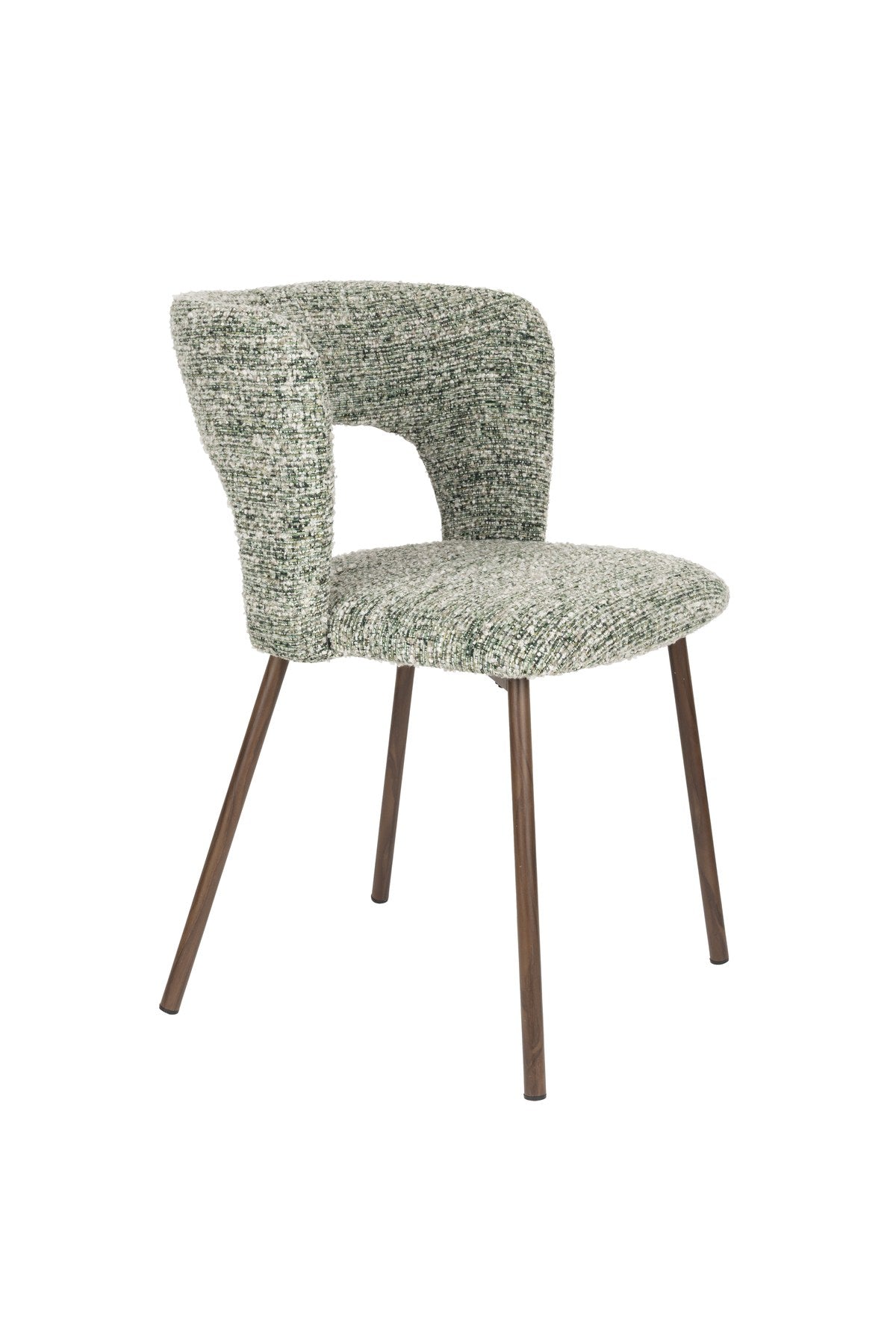 Stuhl Chelsea von White Label Living mit beigem, grob gewebtem Polsterbezug und schlankem Gestell mit bogenförmiger Rückenlehne.
