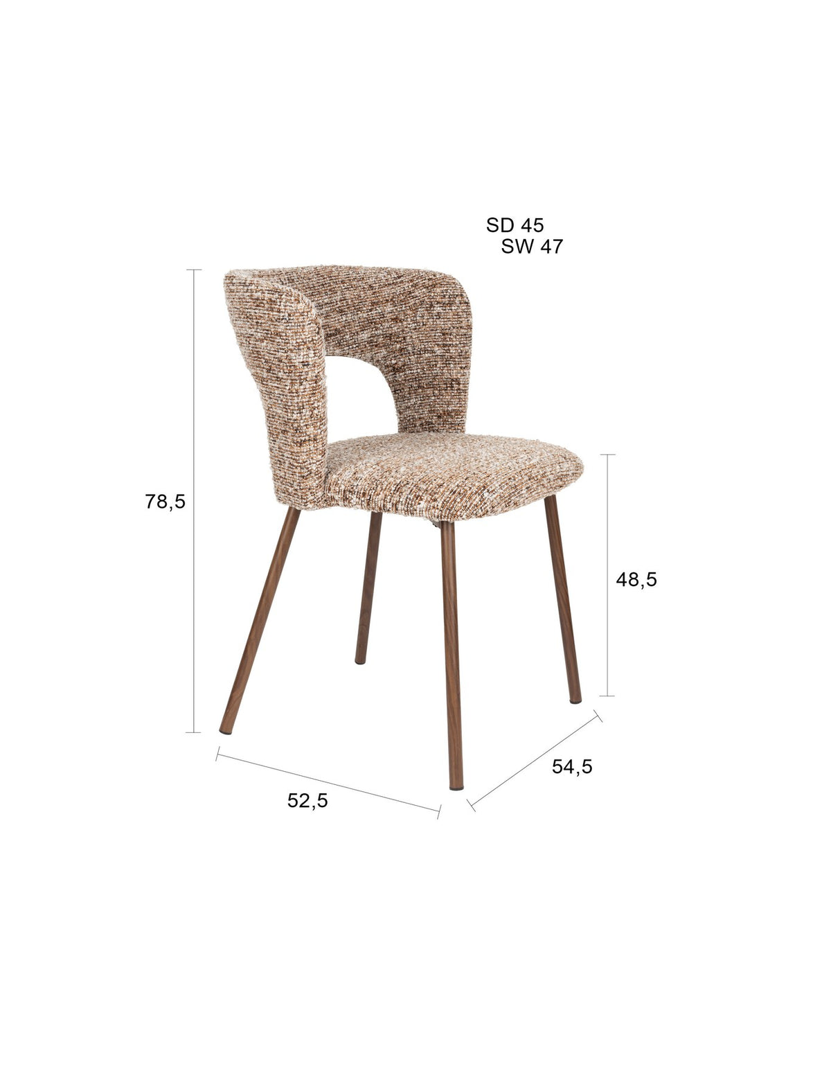 Stuhl Chelsea von White Label Living mit beigem, grob gewebtem Polsterbezug und schlankem Gestell mit bogenförmiger Rückenlehne.