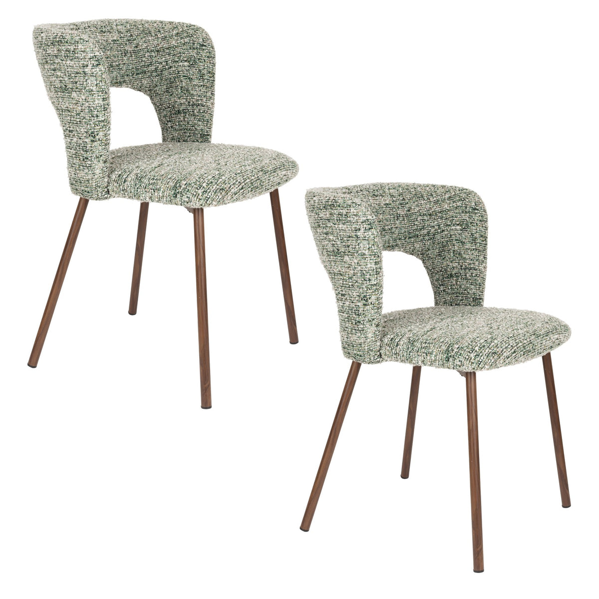 Stuhl Chelsea von White Label Living mit beigem, grob gewebtem Polsterbezug und schlankem Gestell mit bogenförmiger Rückenlehne.