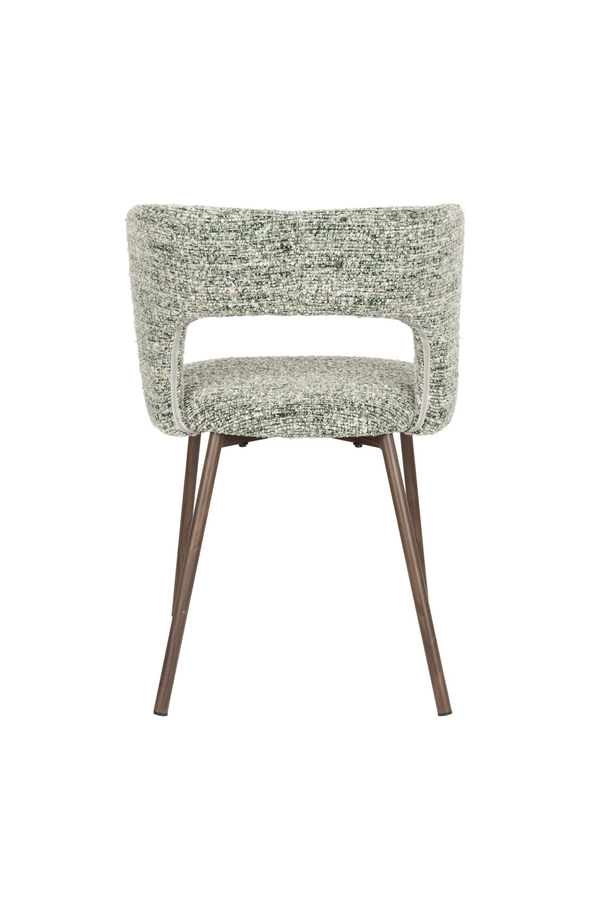 Stuhl Chelsea von White Label Living mit beigem, grob gewebtem Polsterbezug und schlankem Gestell mit bogenförmiger Rückenlehne.