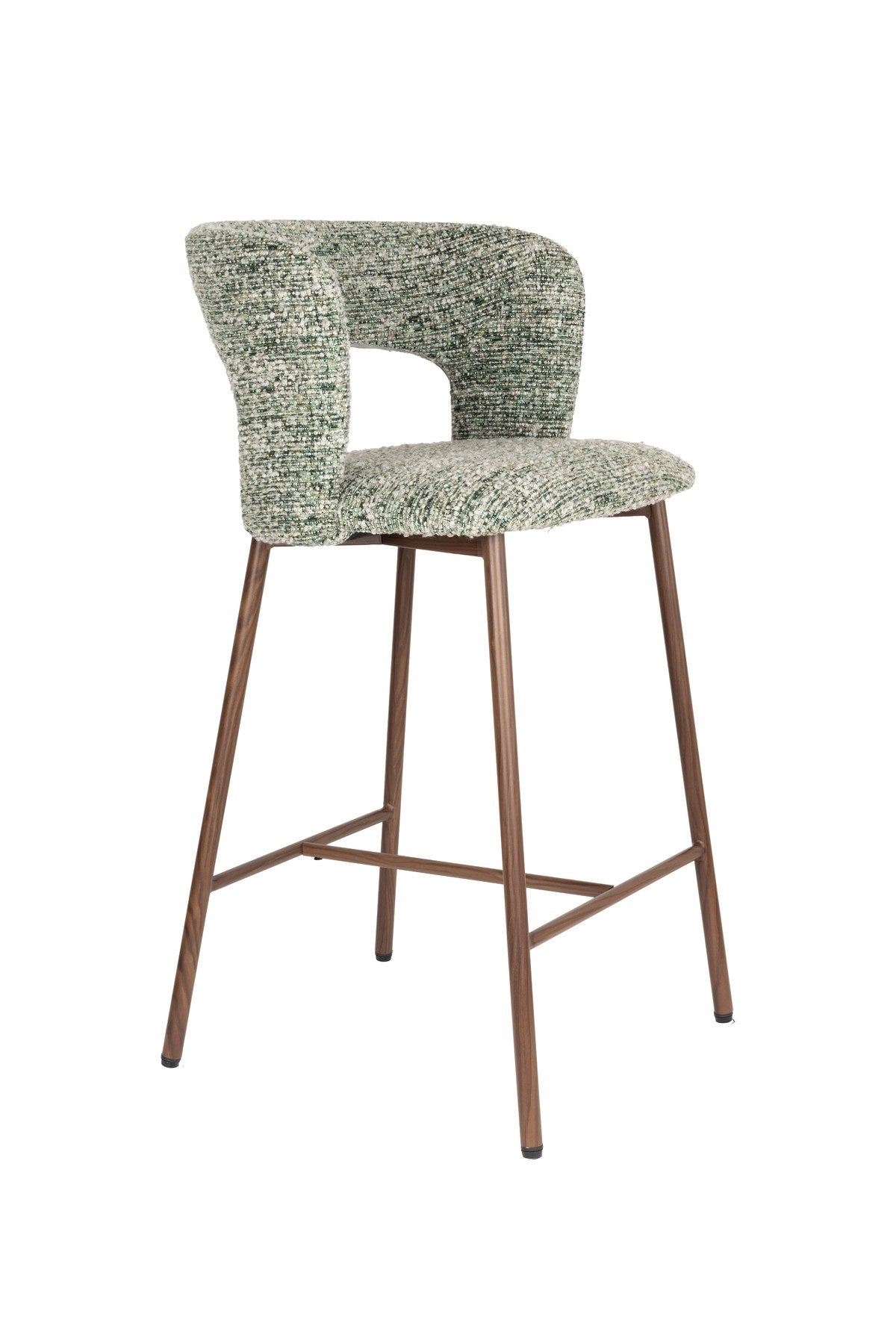 Barhocker Chelsea von White Label Living mit gepolstertem Sitz in Beige, Gestell aus Birkenholz mit bogenförmiger Rückenlehne.