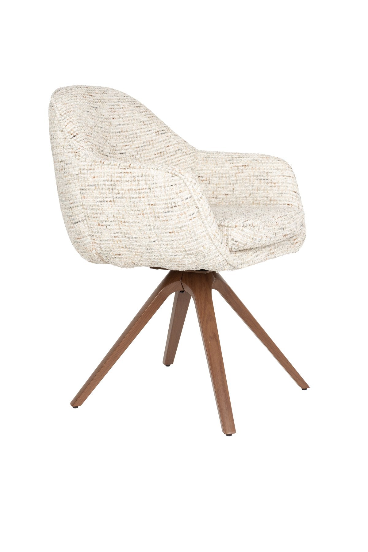 Armlehnstuhl Batoul von White Label Living in Beige, gepolsterte Schale mit grob gewebtem Stoff, dreibeiniges Metallgestell.