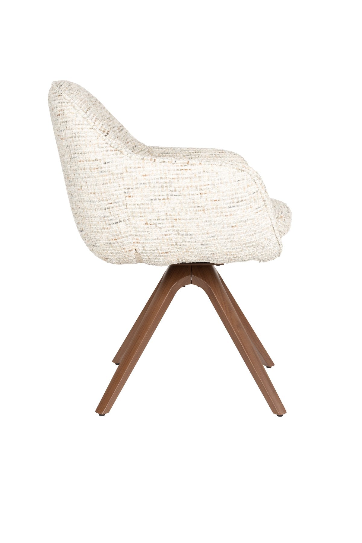 Armlehnstuhl Batoul von White Label Living in Beige, gepolsterte Schale mit grob gewebtem Stoff, dreibeiniges Metallgestell.