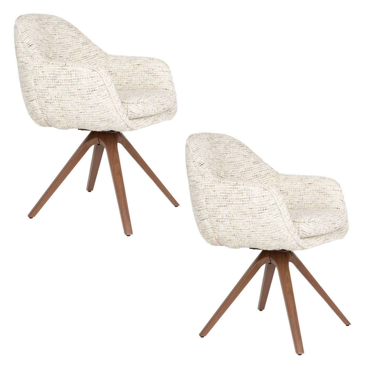 Armlehnstuhl Batoul von White Label Living in Beige, gepolsterte Schale mit grob gewebtem Stoff, dreibeiniges Metallgestell.
