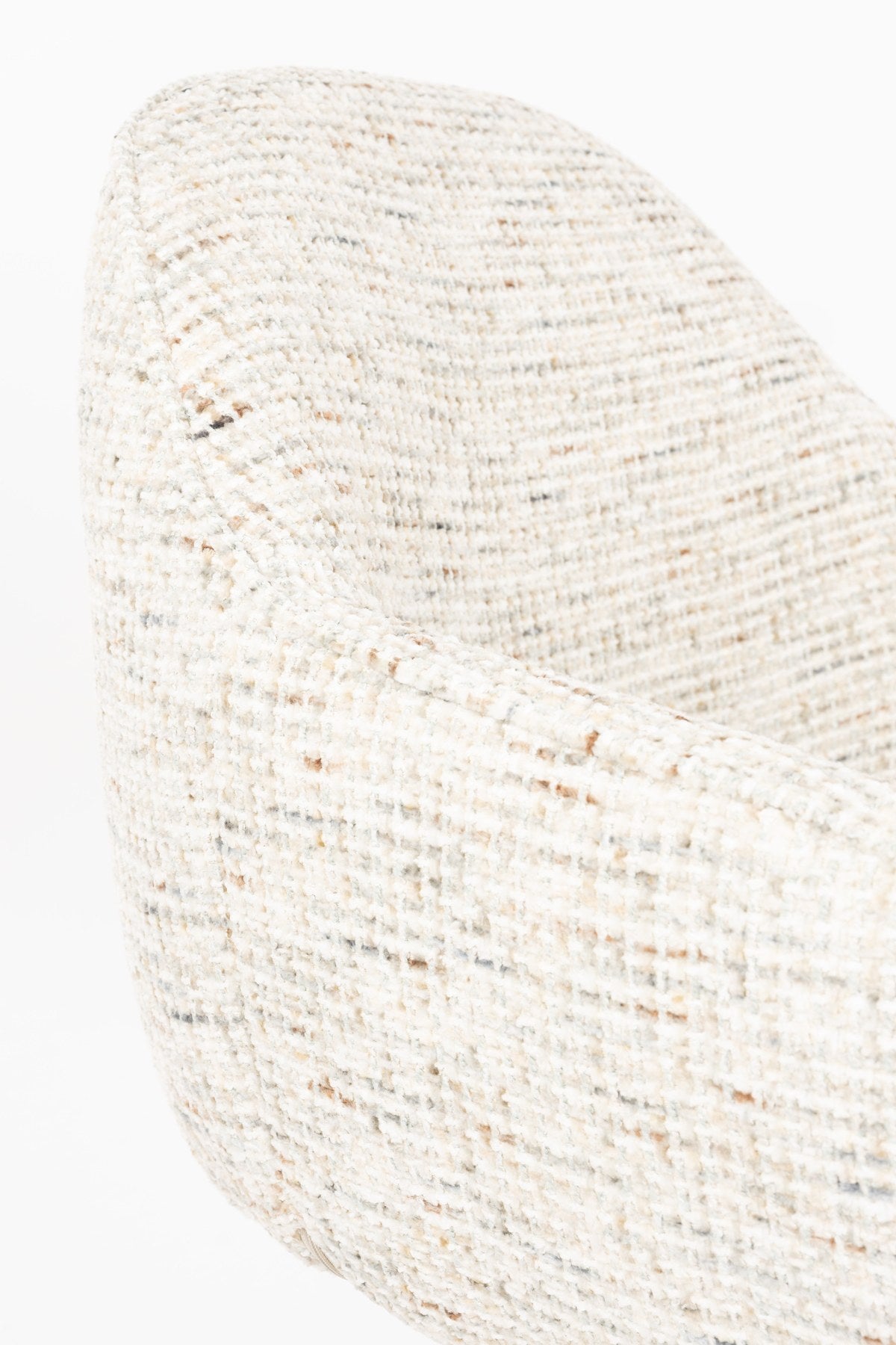 Armlehnstuhl Batoul von White Label Living in Beige, gepolsterte Schale mit grob gewebtem Stoff, dreibeiniges Metallgestell.