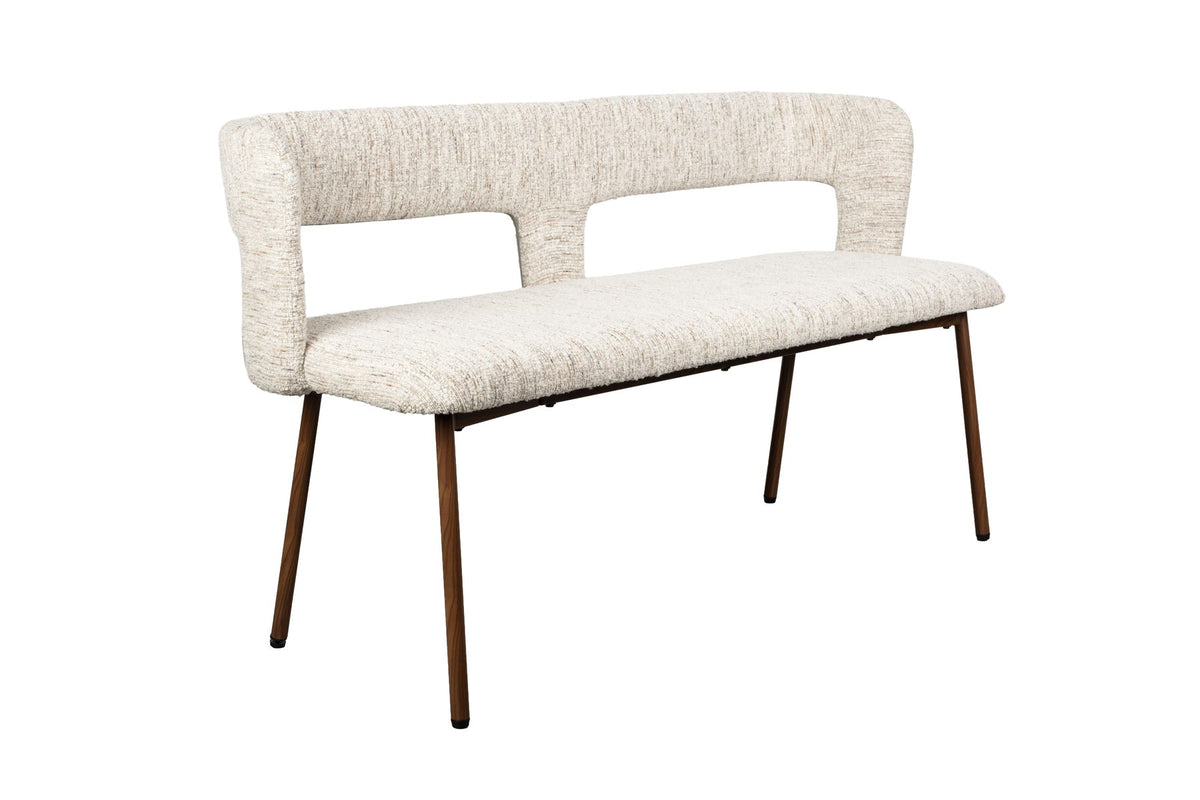Beige gepolsterte Sitzbank Chelsea mit Gestell aus Birkenholz, Sitzfläche bezogen mit grob gewebtem, meliertem Stoff, schlankes Design.