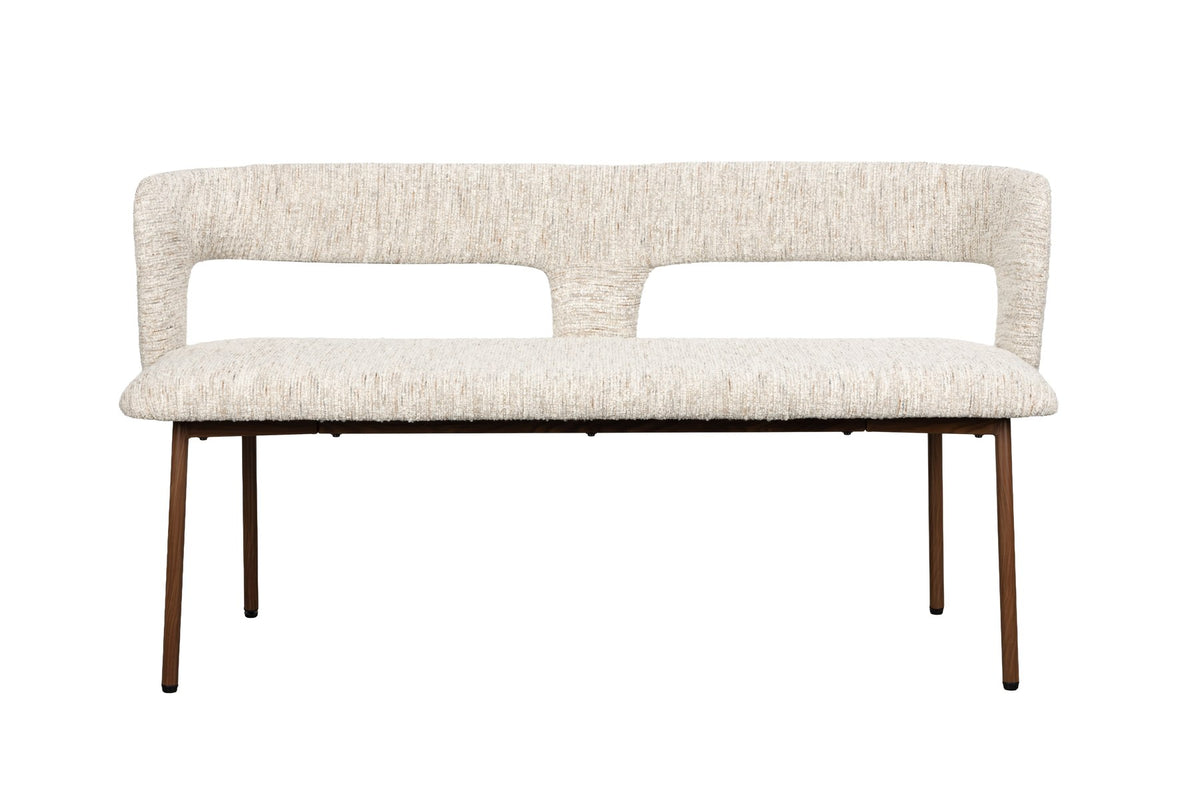 Beige gepolsterte Sitzbank Chelsea mit Gestell aus Birkenholz, Sitzfläche bezogen mit grob gewebtem, meliertem Stoff, schlankes Design.