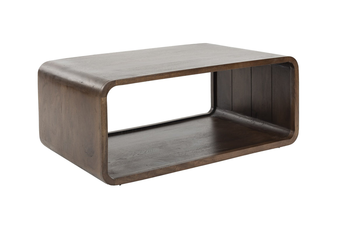 Brauner Couchtisch Tycho von White Label Living mit Eisengestell, epoxidbeschichteter Platte und abgerundeten Ecken, Grösse 90x35x35 cm.