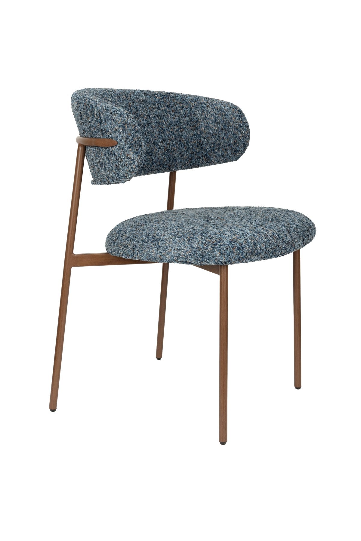 Blauer gepolsterter Esszimmerstuhl Chair Claes mit Sitzfläche und Rückenlehne aus Polyester sowie Beinhöhe von 44 Zentimetern.