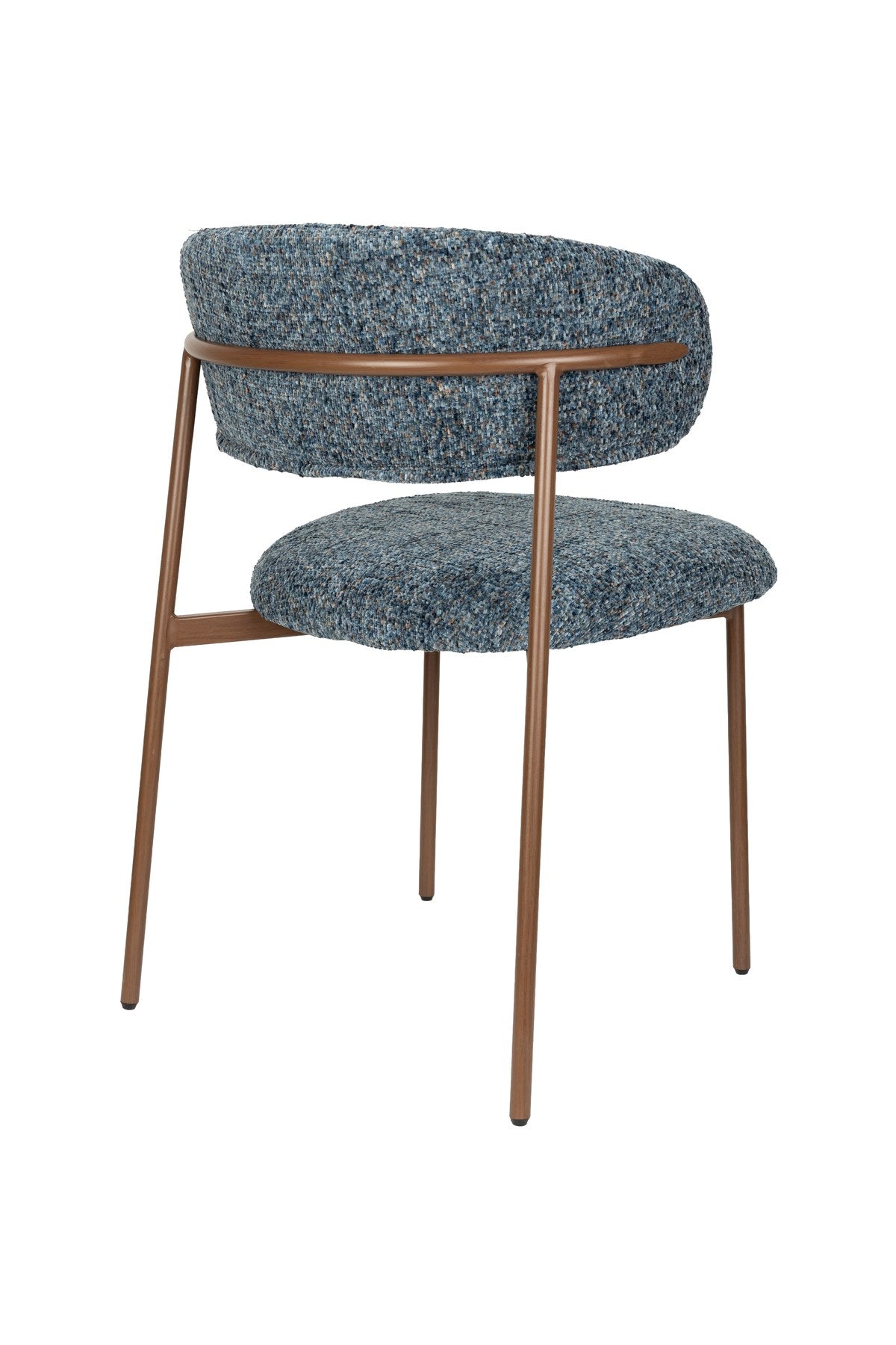 Blauer gepolsterter Esszimmerstuhl Chair Claes mit Sitzfläche und Rückenlehne aus Polyester sowie Beinhöhe von 44 Zentimetern.