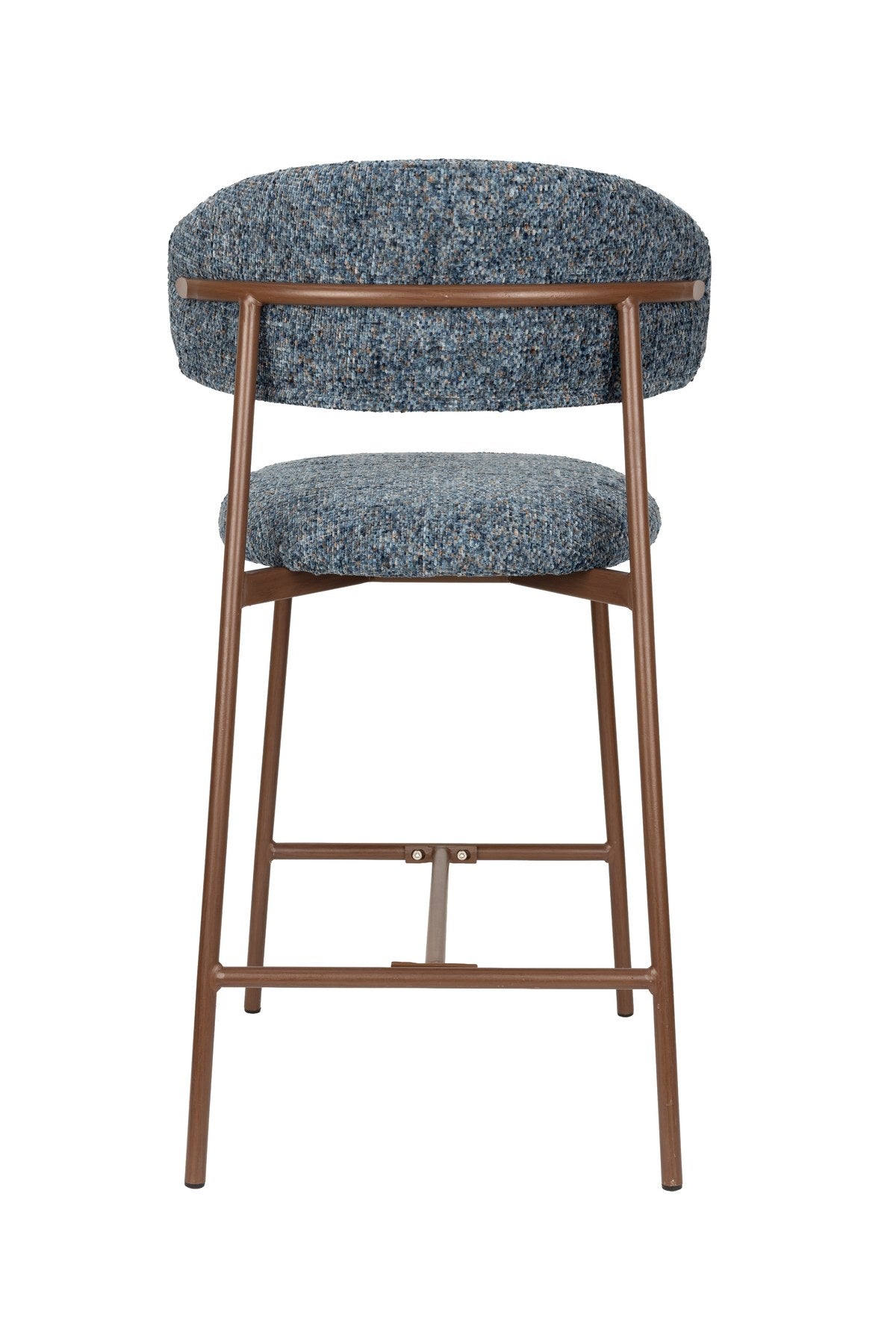 Blauer Barhocker Claes mit meliertem Polyester-Bezug, gepolsterter Sitzfläche und Metallgestell in Walnuss-Holzoptik-Finish.
