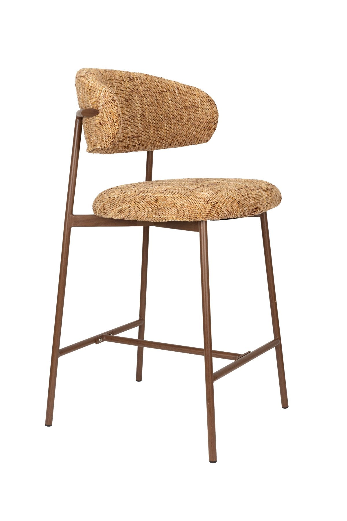 Gepolsterter Barhocker Claes Ochre in Ockergelb mit meliertem Polyesterbezug und Metallgestell in Walnuss-Holzoptik, Sitzhöhe 65cm.