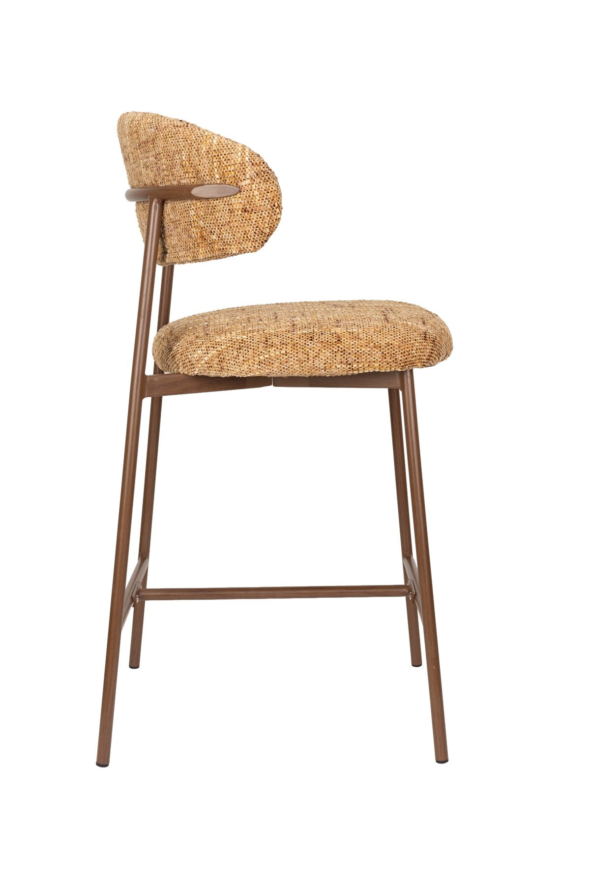 Gepolsterter Barhocker Claes Ochre in Ockergelb mit meliertem Polyesterbezug und Metallgestell in Walnuss-Holzoptik, Sitzhöhe 65cm.