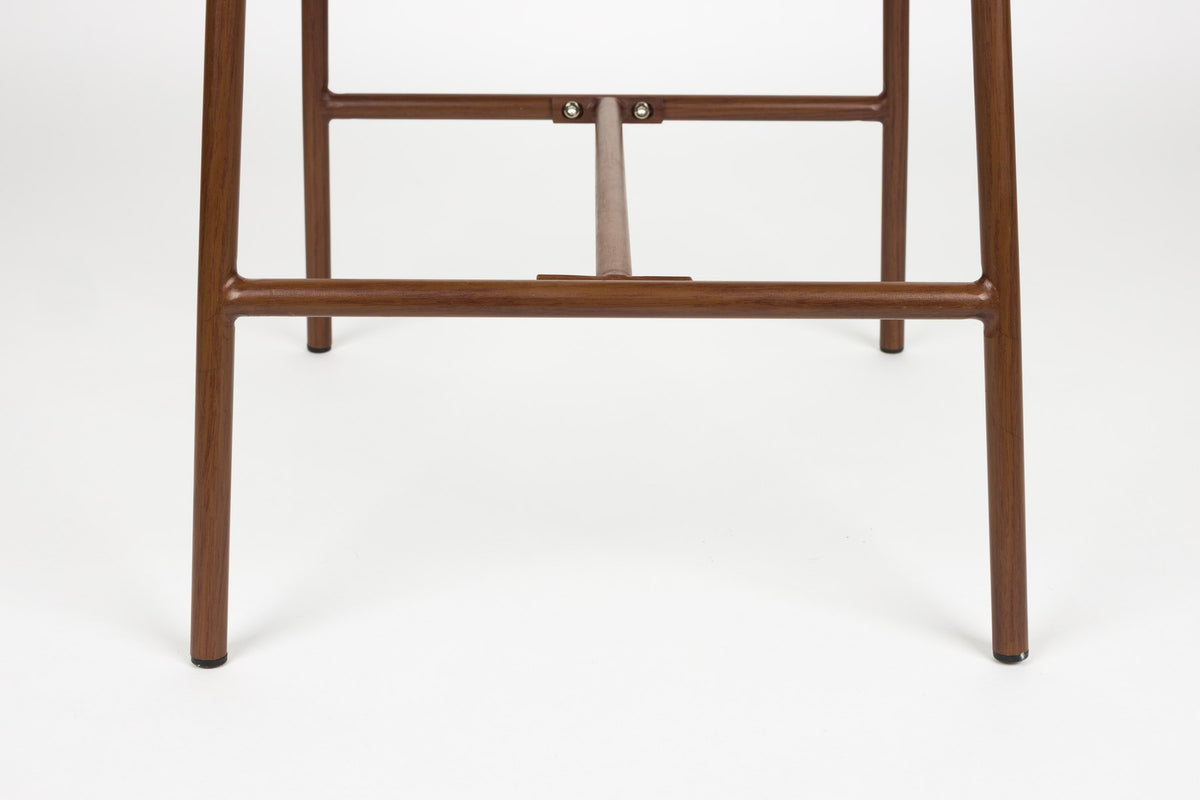 Gepolsterter Barhocker Claes Ochre in Ockergelb mit meliertem Polyesterbezug und Metallgestell in Walnuss-Holzoptik, Sitzhöhe 65cm.