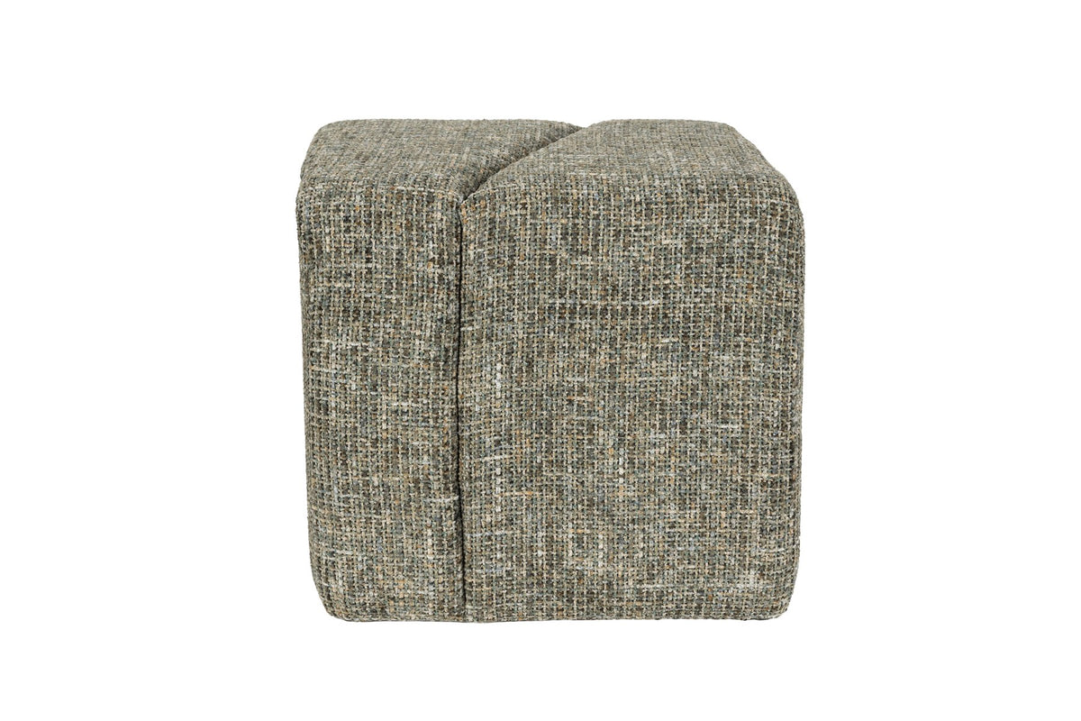 Grüner gepolsterter Hocker mit meliertem Stoffbezug, aus schrägen Flächen gefertigt, Modell Stool Dance Green von White Label Living.