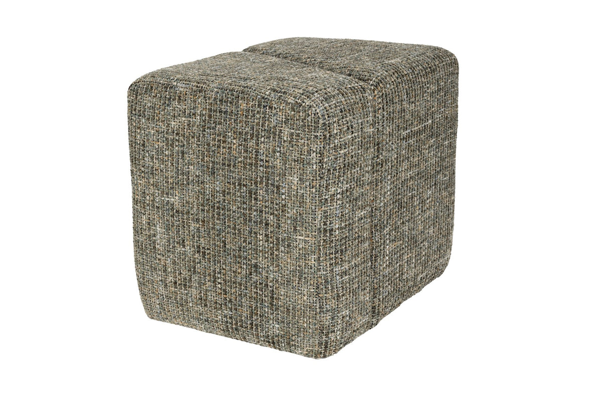 Grüner gepolsterter Hocker mit meliertem Stoffbezug, aus schrägen Flächen gefertigt, Modell Stool Dance Green von White Label Living.