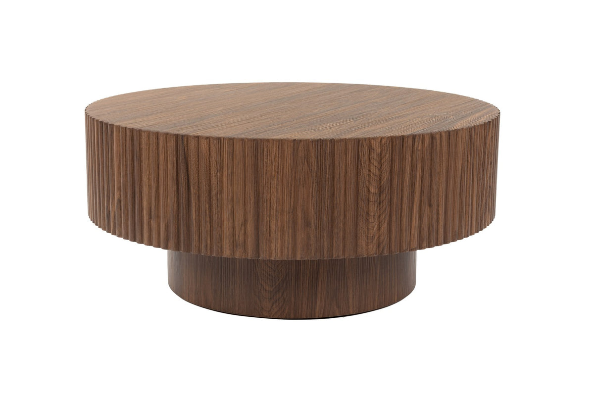Runder Couchtisch Coffee Table Mitch aus Walnussfurnier mit geriffeltem Rand und braunem Gestell, Tischplatte auf schmalerem Bein.