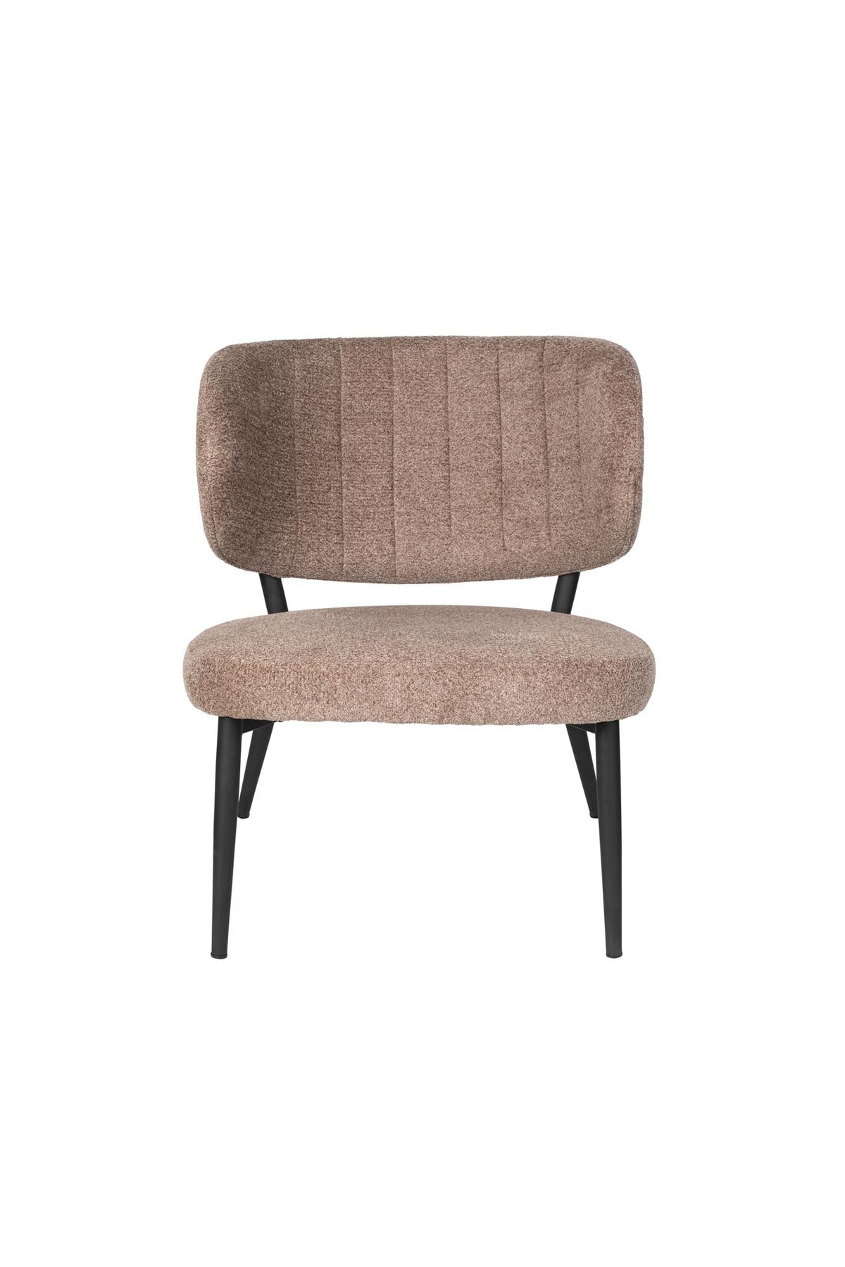 Braun gepolsterter Sessel Sanne mit Stahlrahmen, Rückenlehne mit Zierstich, Sitzschale aus Birken-Sperrholz, Frontalansicht.