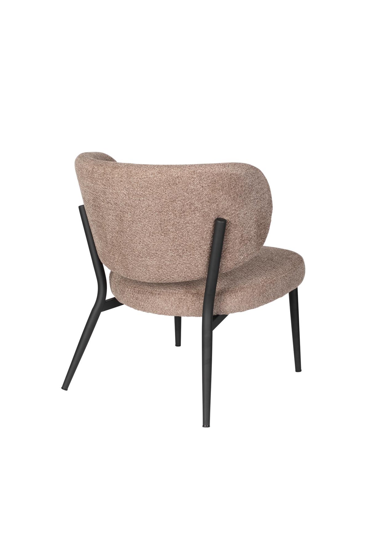 Braun gepolsterter Sessel Sanne mit Stahlrahmen, Rückenlehne mit Zierstich, Sitzschale aus Birken-Sperrholz, Frontalansicht.