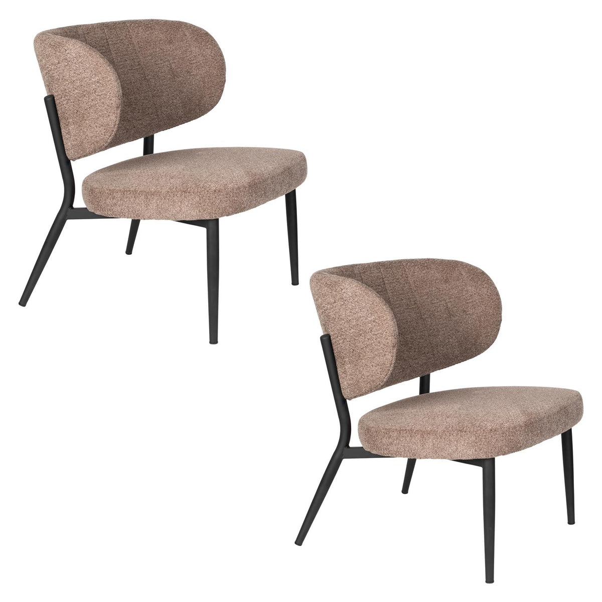 Braun gepolsterter Sessel Sanne mit Stahlrahmen, Rückenlehne mit Zierstich, Sitzschale aus Birken-Sperrholz, Frontalansicht.