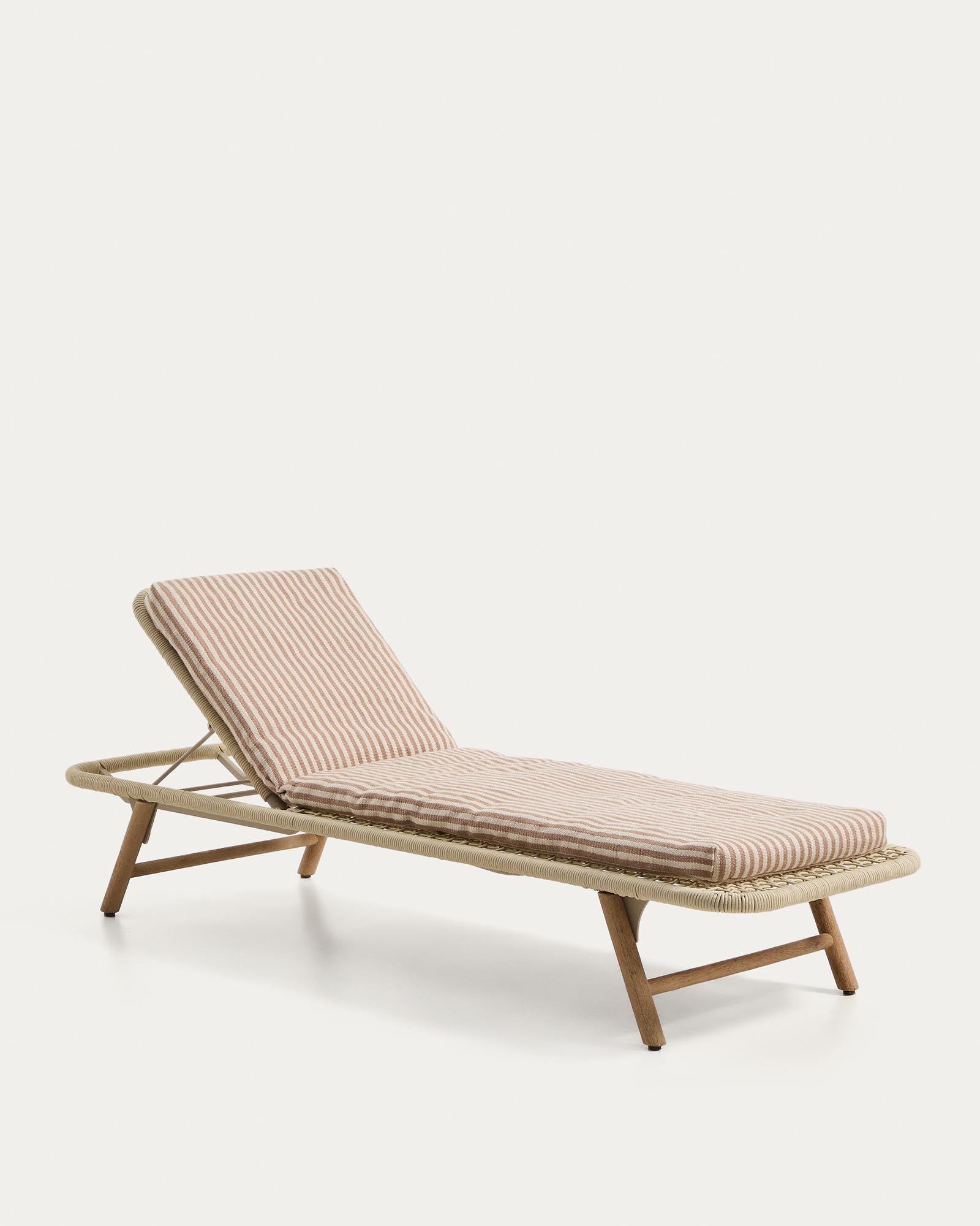 Beige gestreiftes Sitzkissen für Sonnenliegen, gefertigt aus 100 % PET, perfekt für entspannte Stunden im Freien, Maße 50 x 175 cm.