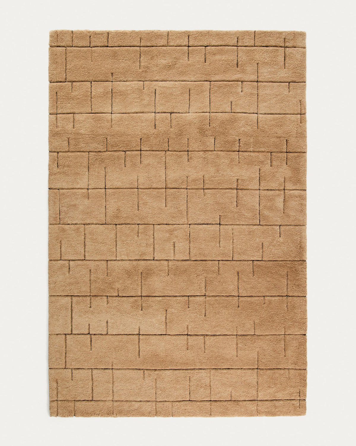 Handgewebter Wollteppich Helun in Braun mit grafischem Muster, Grösse 200 x 300 cm, mit sichtbarer natürlicher Materialstruktur.