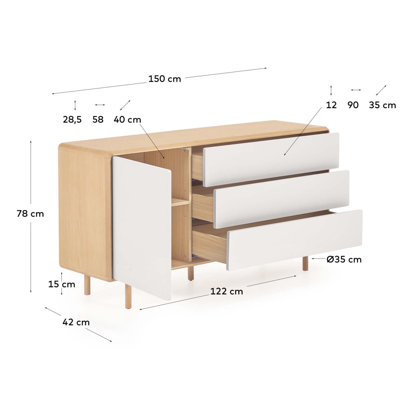 Das Anielle Sideboard von Kave Home kombiniert stilvolles Eschenholz mit funktionalen Schubladen und einer Tür für optimalen Stauraum.