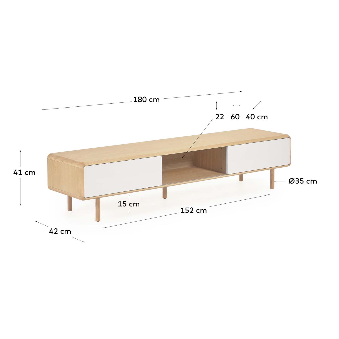 Eleganter TV-Schrank aus massiver Esche und Furnier, 180 x 41 cm, mit 2 Türen für praktischen Stauraum und modernes Design.