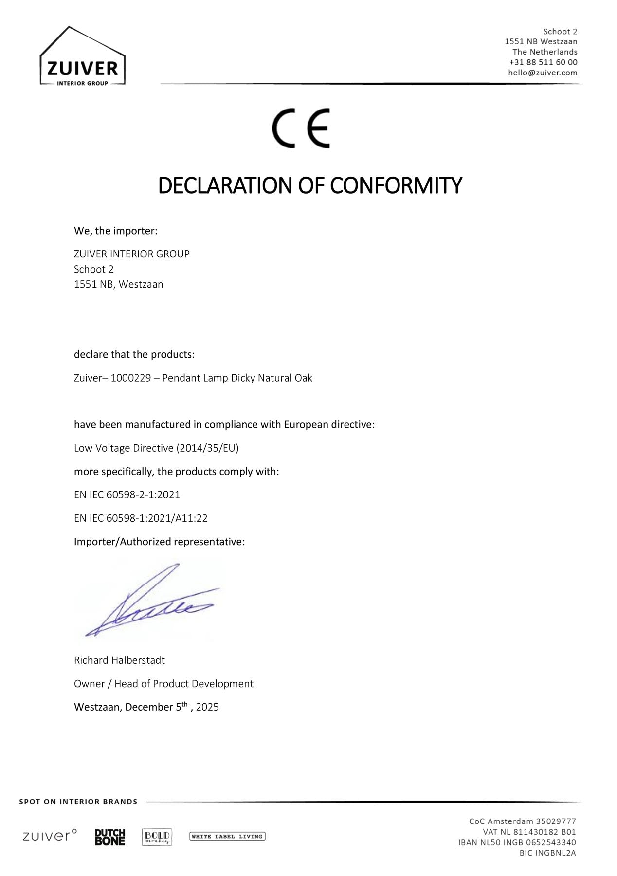 Pendellampe Dicky in Eiche präsentiert im Onlineshop von KAQTU Design AG. Pendelleuchte ist von Zuiver