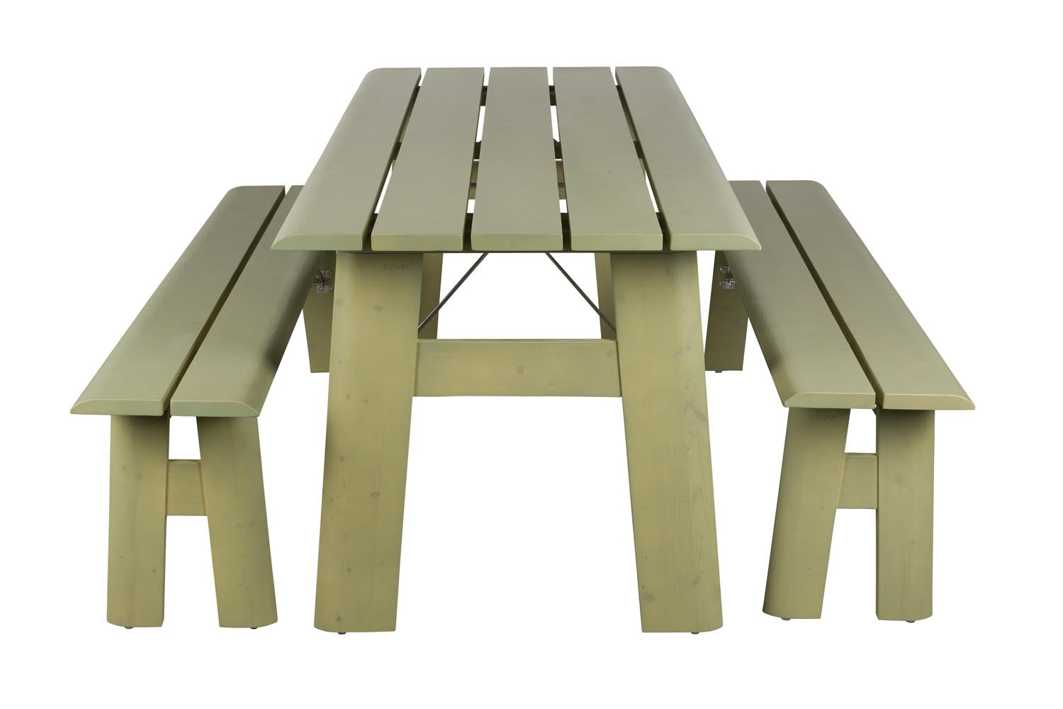 Entdecken Sie das stilvolle Gartentischset Avenue von Zuiver – klappbar, mit integriertem Flaschenöffner und ideal für jede Gartenparty!