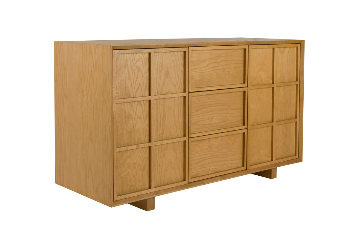 Sideboard Raster High in Natur aus Eschenholz, Schubladenfront mit Rautenmuster, gerade Füsse