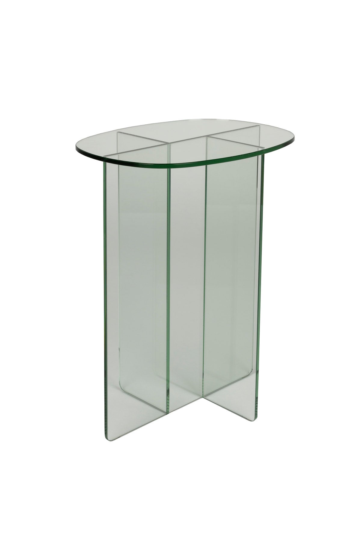 Glas-Beistelltisch Linea mit ovaler Platte und gekreuzten Paneelen