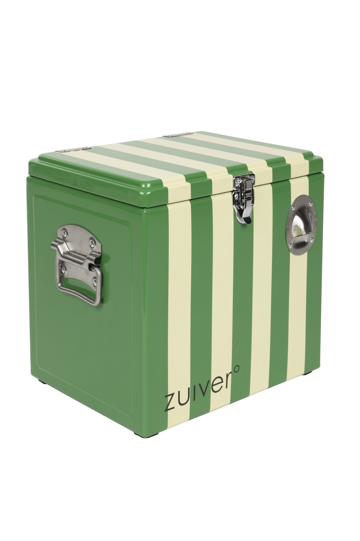 Grüne Kühltasche aus Stahl mit Pulverbeschichtung, zwei Griffen und Deckel, Modell Cooler Be Cute Stripes Green von Zuiver.