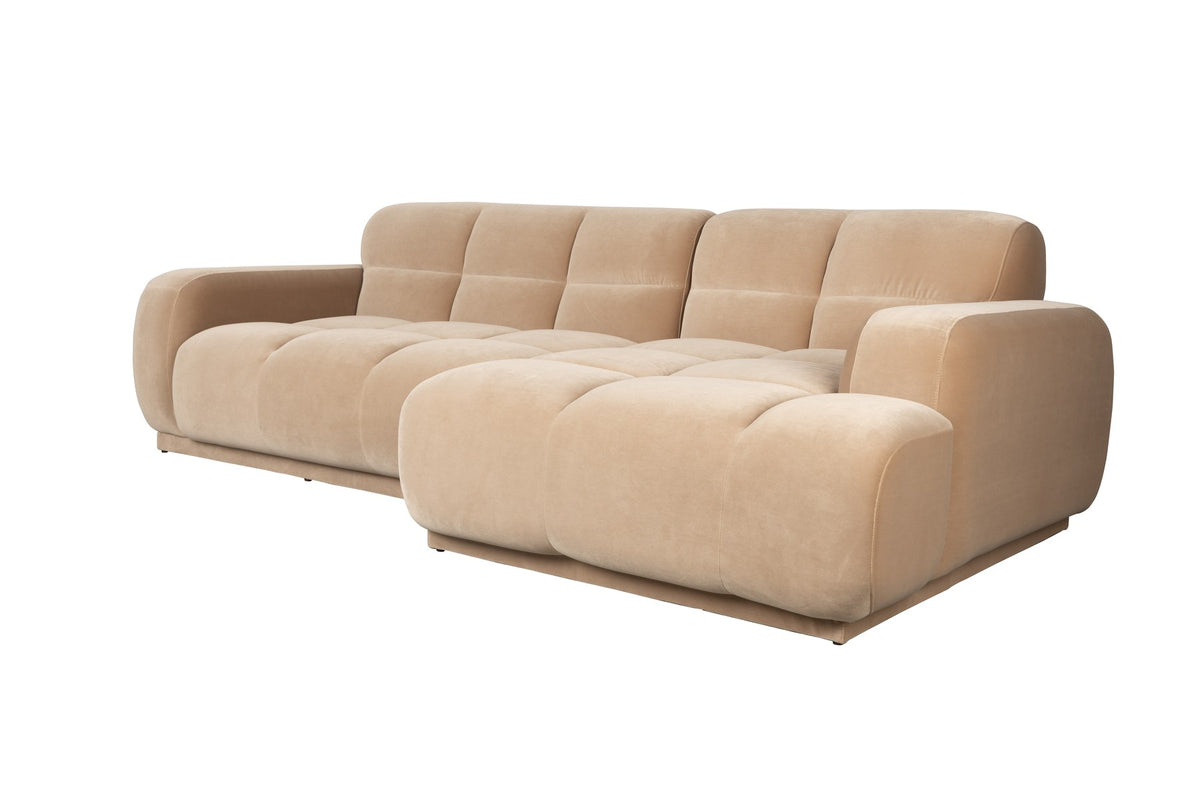 Beige gepolstertes Ecksofa rechts mit Chaise Longue, Modell Hazel von Zuiver, Sitzfläche aus weichem Polyesterstoff mit runden Formen.
