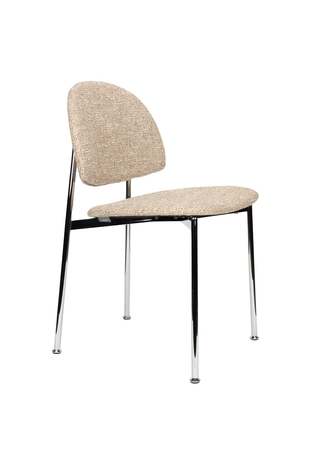 Stuhl mit rundem Rückenlehnendesign, beigem Polyesterbezug und silberfarbenem Gestell, freistehend fotografiert, Zuiver Sunrise Chair.