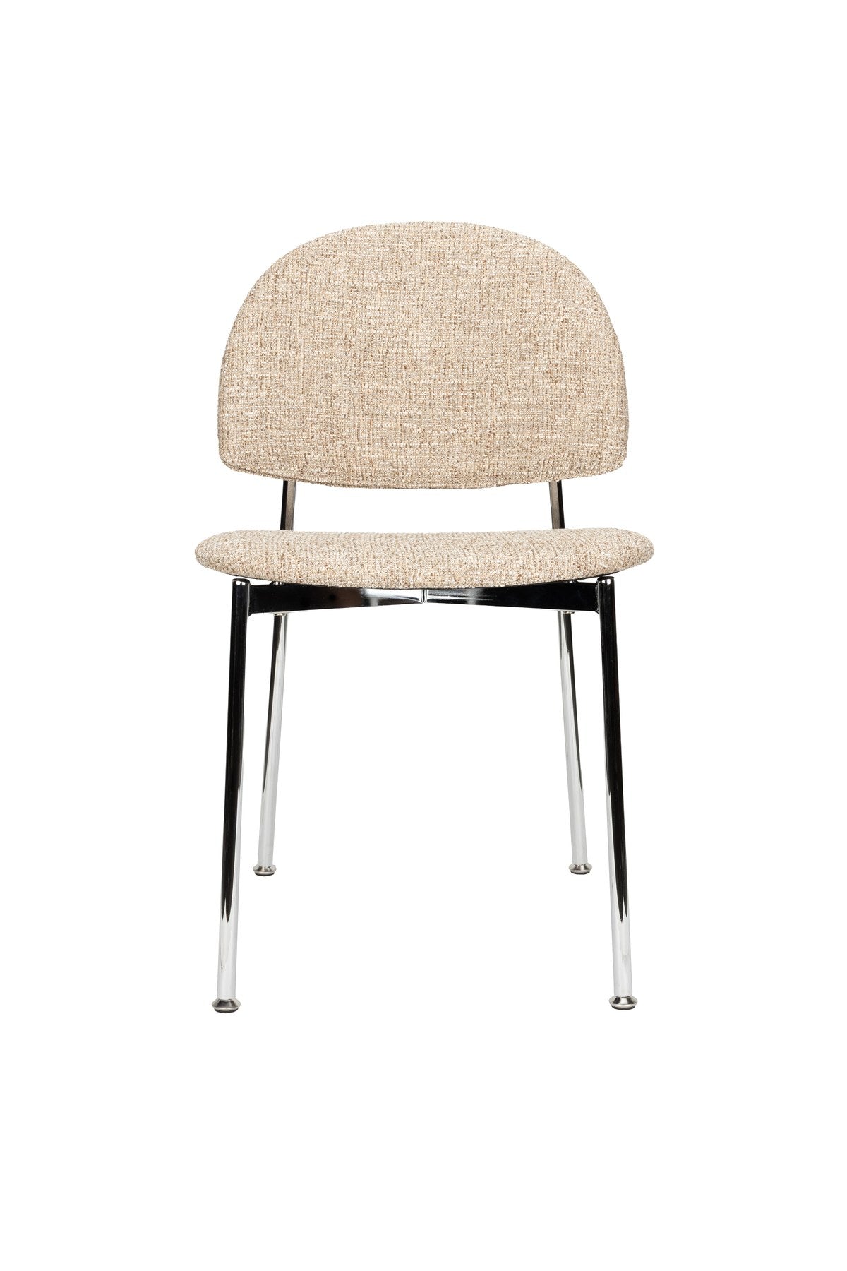 Stuhl mit rundem Rückenlehnendesign, beigem Polyesterbezug und silberfarbenem Gestell, freistehend fotografiert, Zuiver Sunrise Chair.