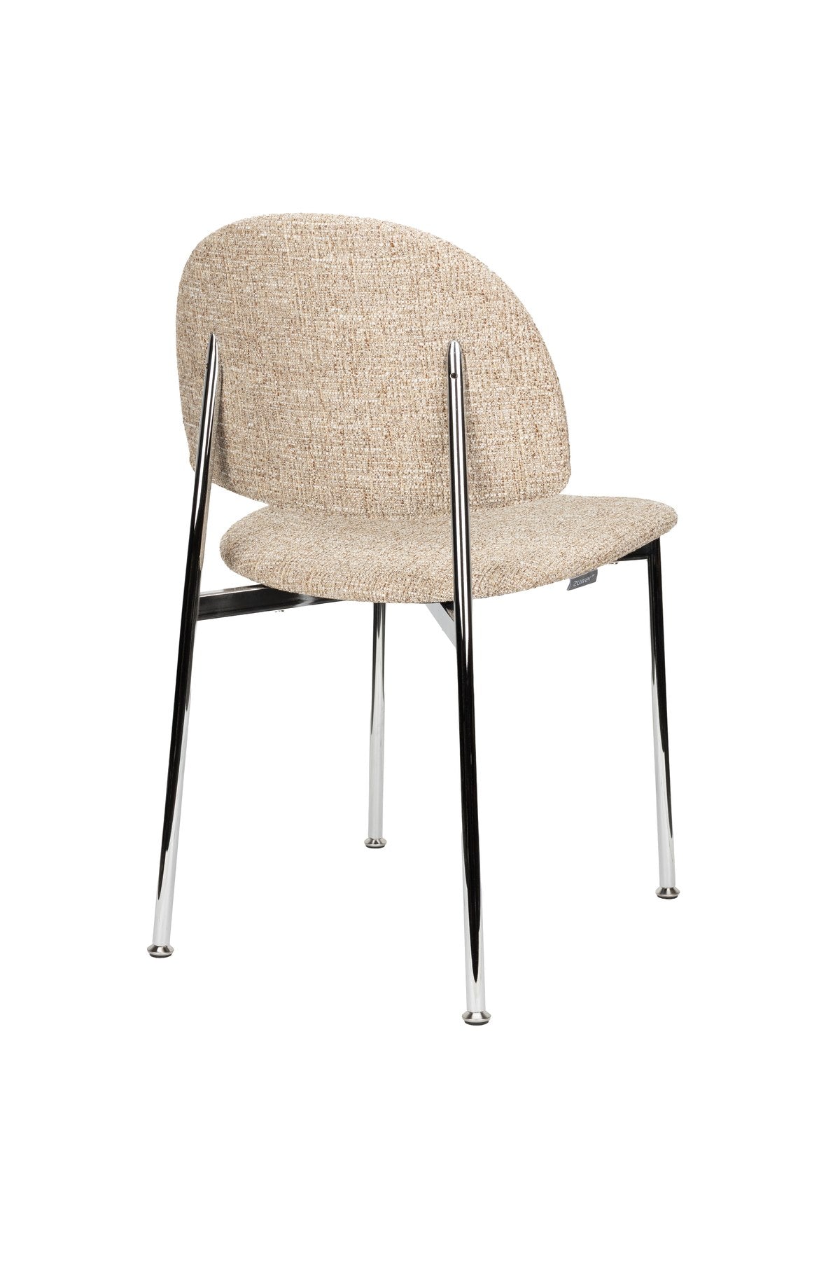 Stuhl mit rundem Rückenlehnendesign, beigem Polyesterbezug und silberfarbenem Gestell, freistehend fotografiert, Zuiver Sunrise Chair.