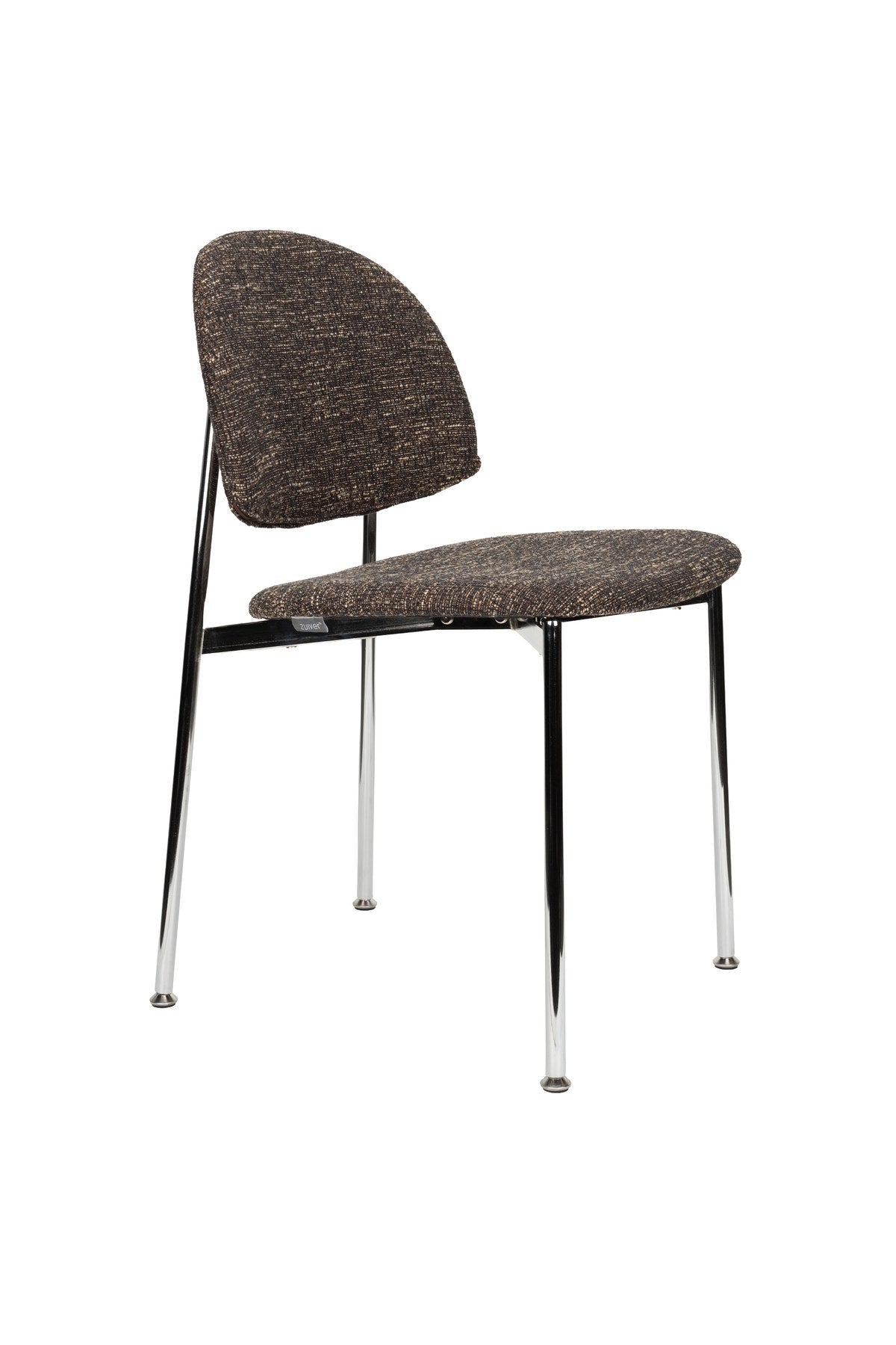 Stuhl Chair Sunrise Silver/Brown von Zuiver mit rundlicher Rückenlehne, braunem meliertem Polyesterbezug und silbernem Gestell, freigestellt.
