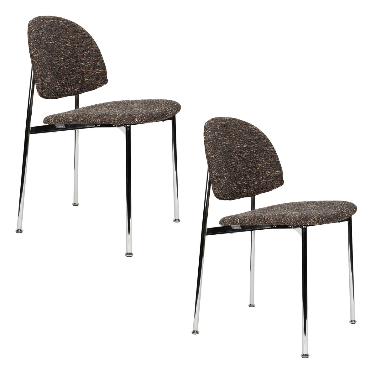 Stuhl Chair Sunrise Silver/Brown von Zuiver mit rundlicher Rückenlehne, braunem meliertem Polyesterbezug und silbernem Gestell, freigestellt.