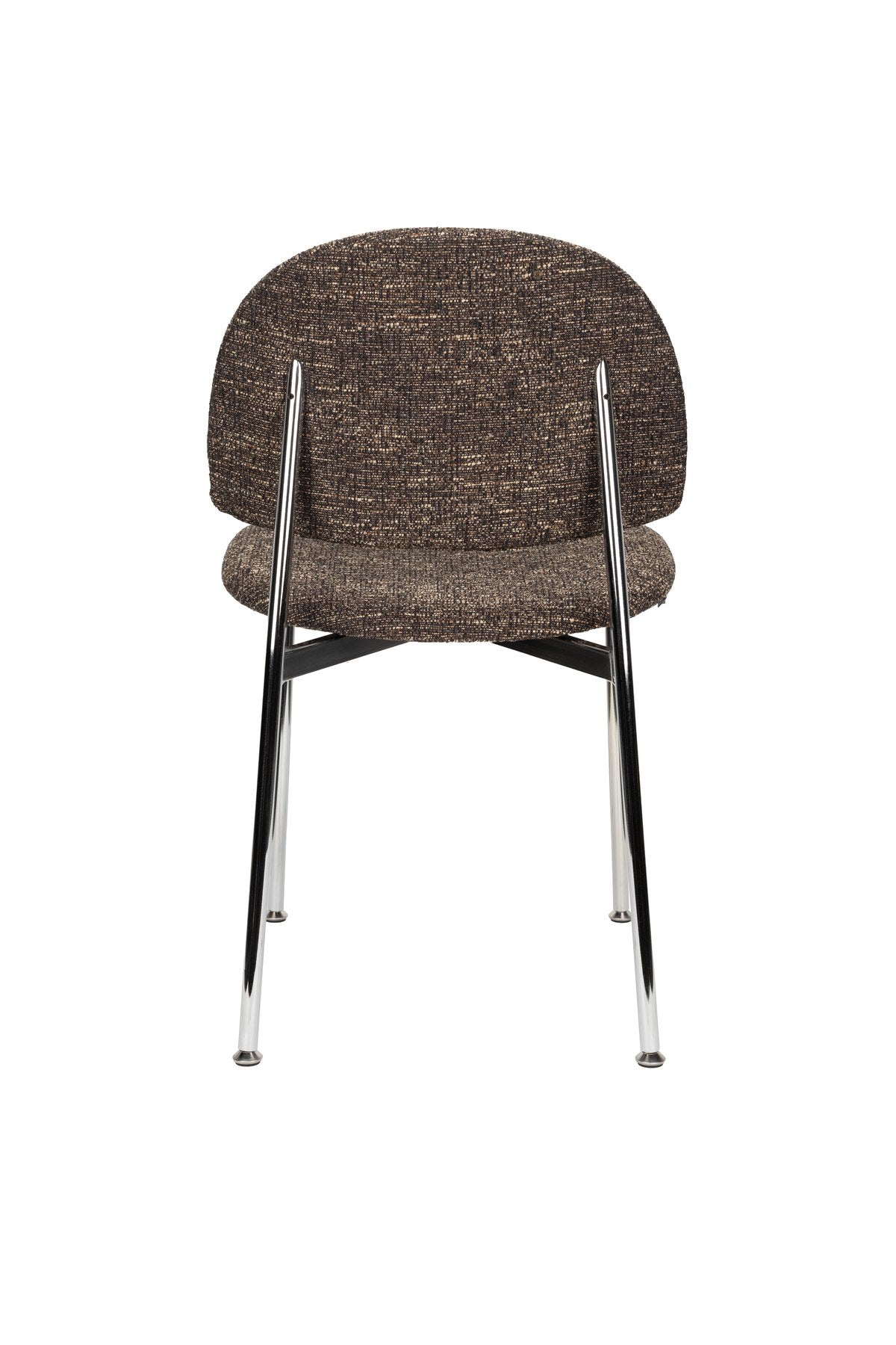 Stuhl Chair Sunrise Silver/Brown von Zuiver mit rundlicher Rückenlehne, braunem meliertem Polyesterbezug und silbernem Gestell, freigestellt.
