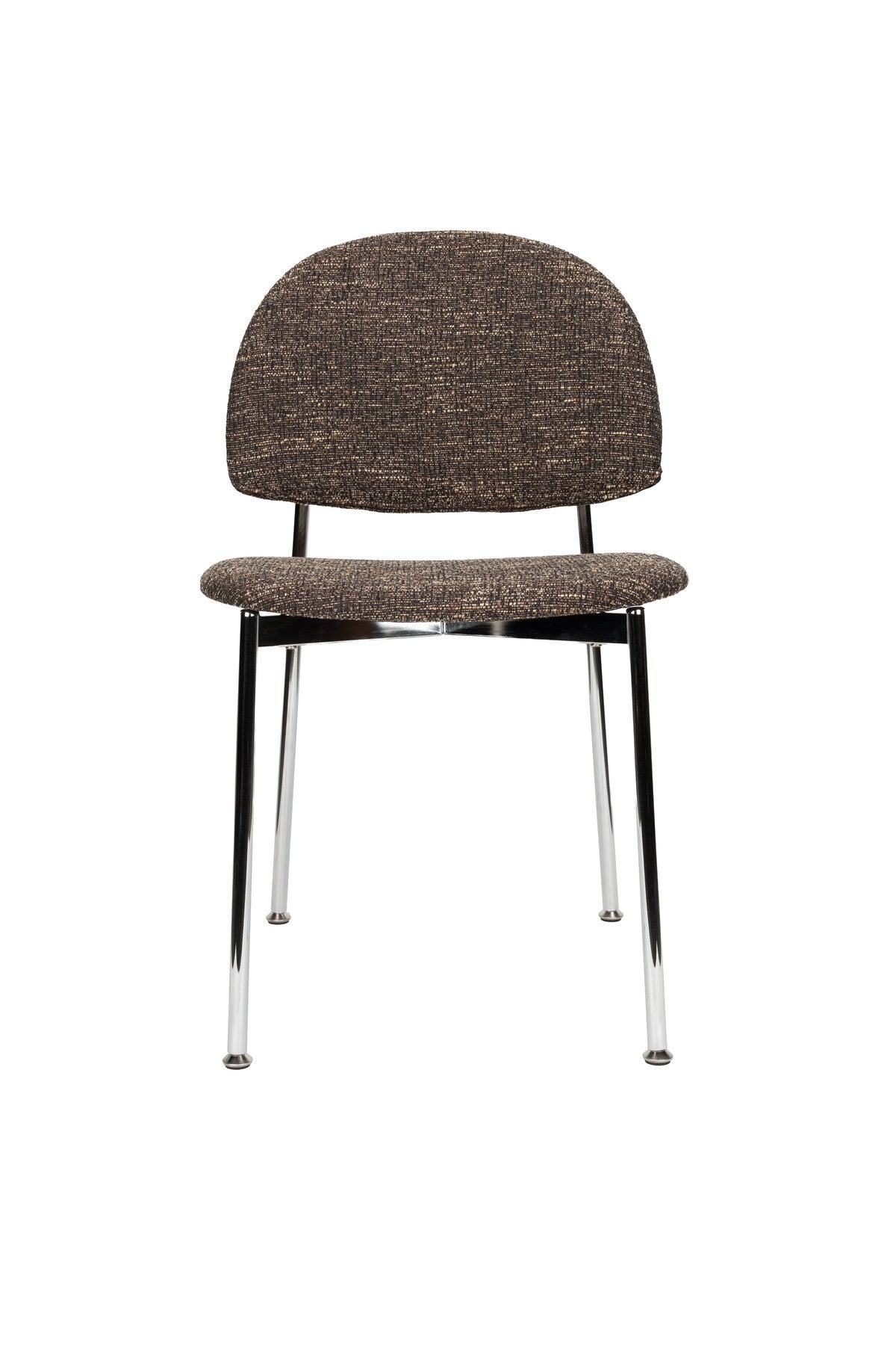 Stuhl Chair Sunrise Silver/Brown von Zuiver mit rundlicher Rückenlehne, braunem meliertem Polyesterbezug und silbernem Gestell, freigestellt.